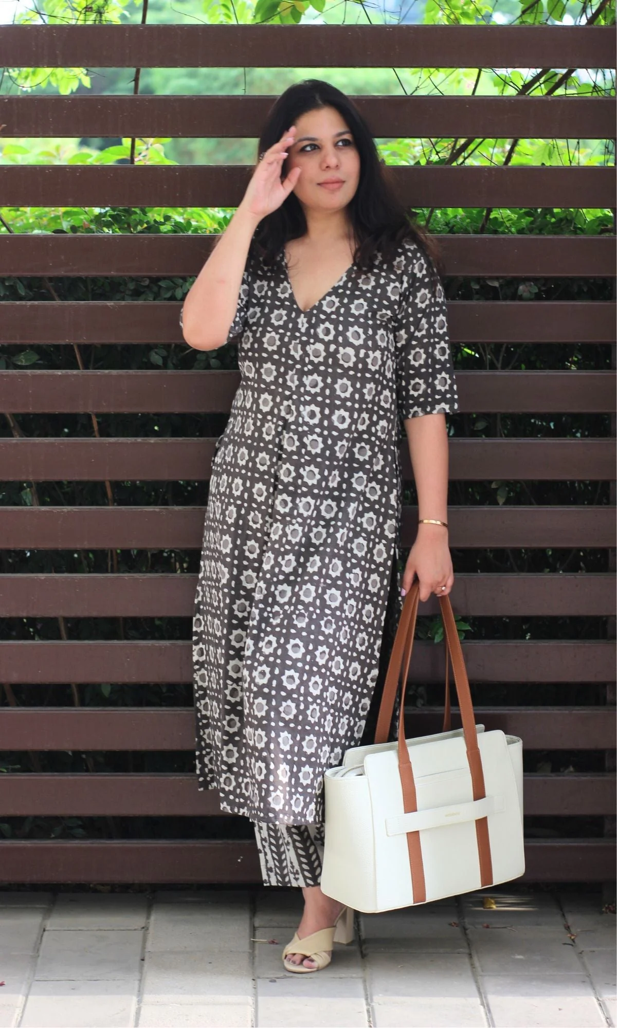 Cotton Dabu Print Dark Brown Box Pleat Kurta and Pants - Image 3
