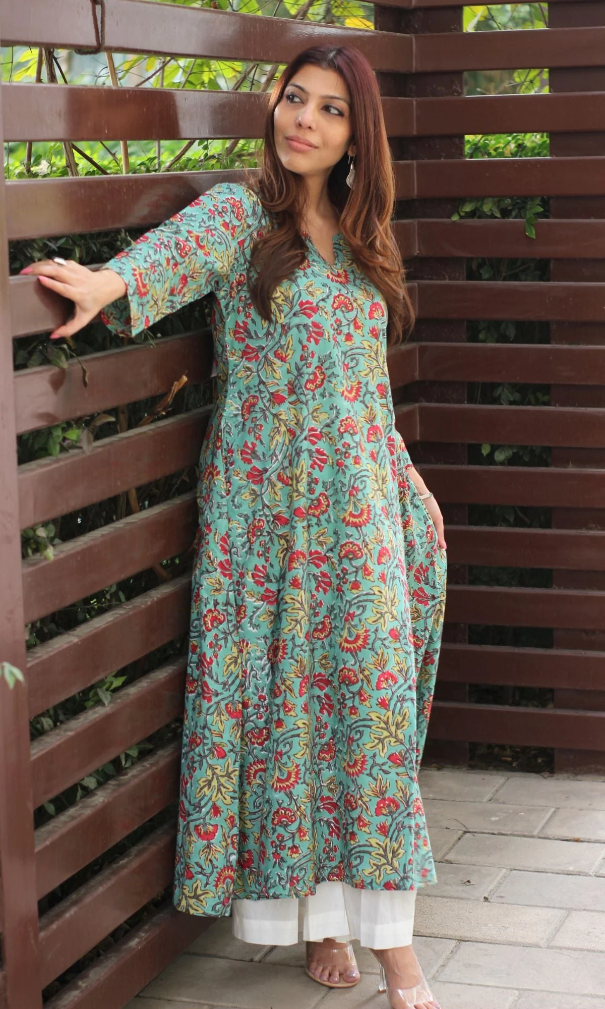 Cotton Handblock Green Kali Kurta - Image 6