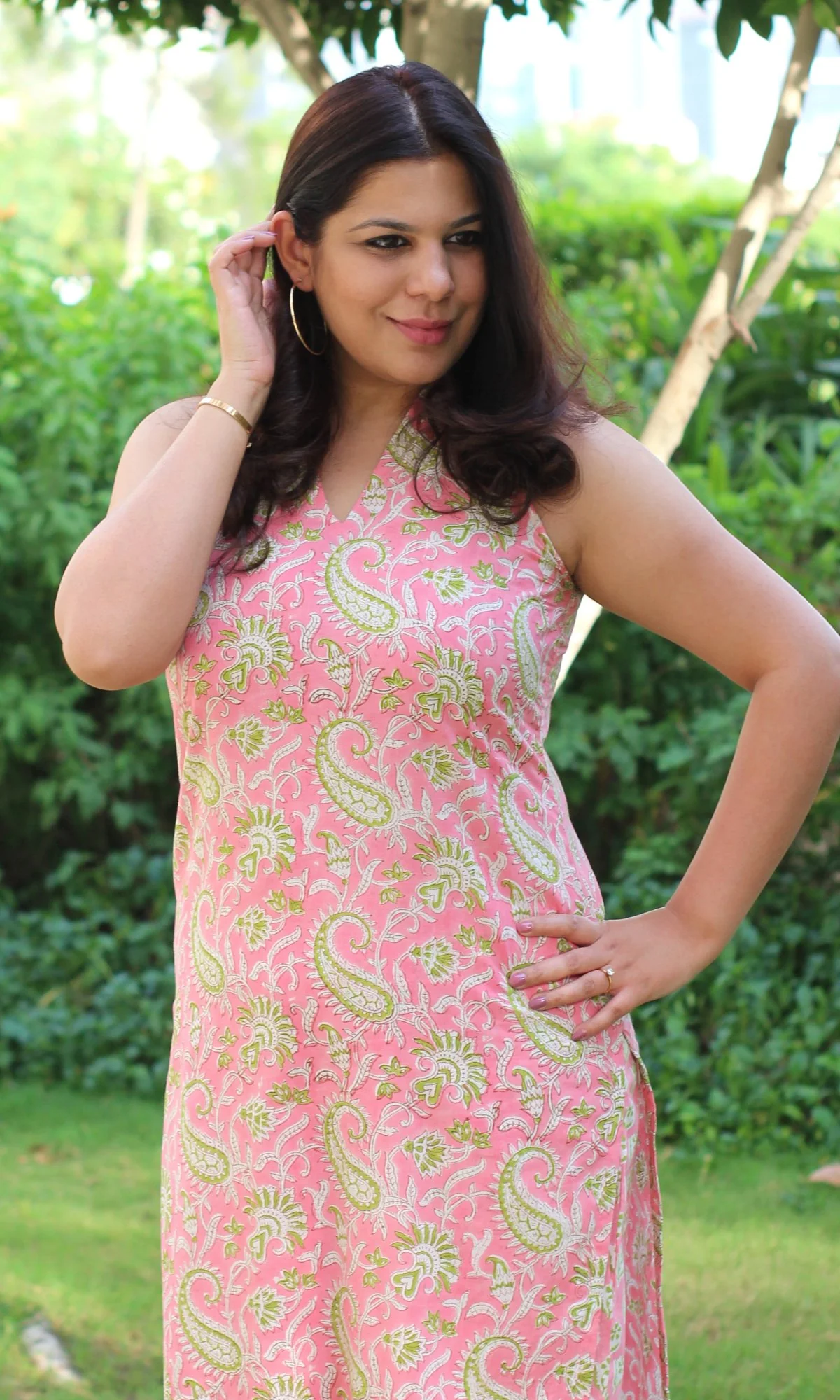 Cotton Handblock Halter Neck Pink Kurta and Pants - Image 4