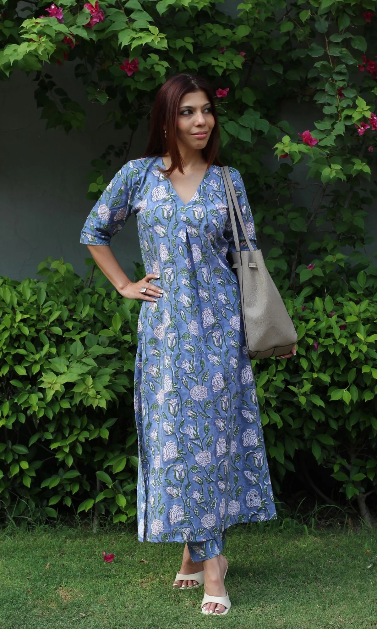 Cotton Handblock Iris Blue Box Pleated Coord Set - Image 4