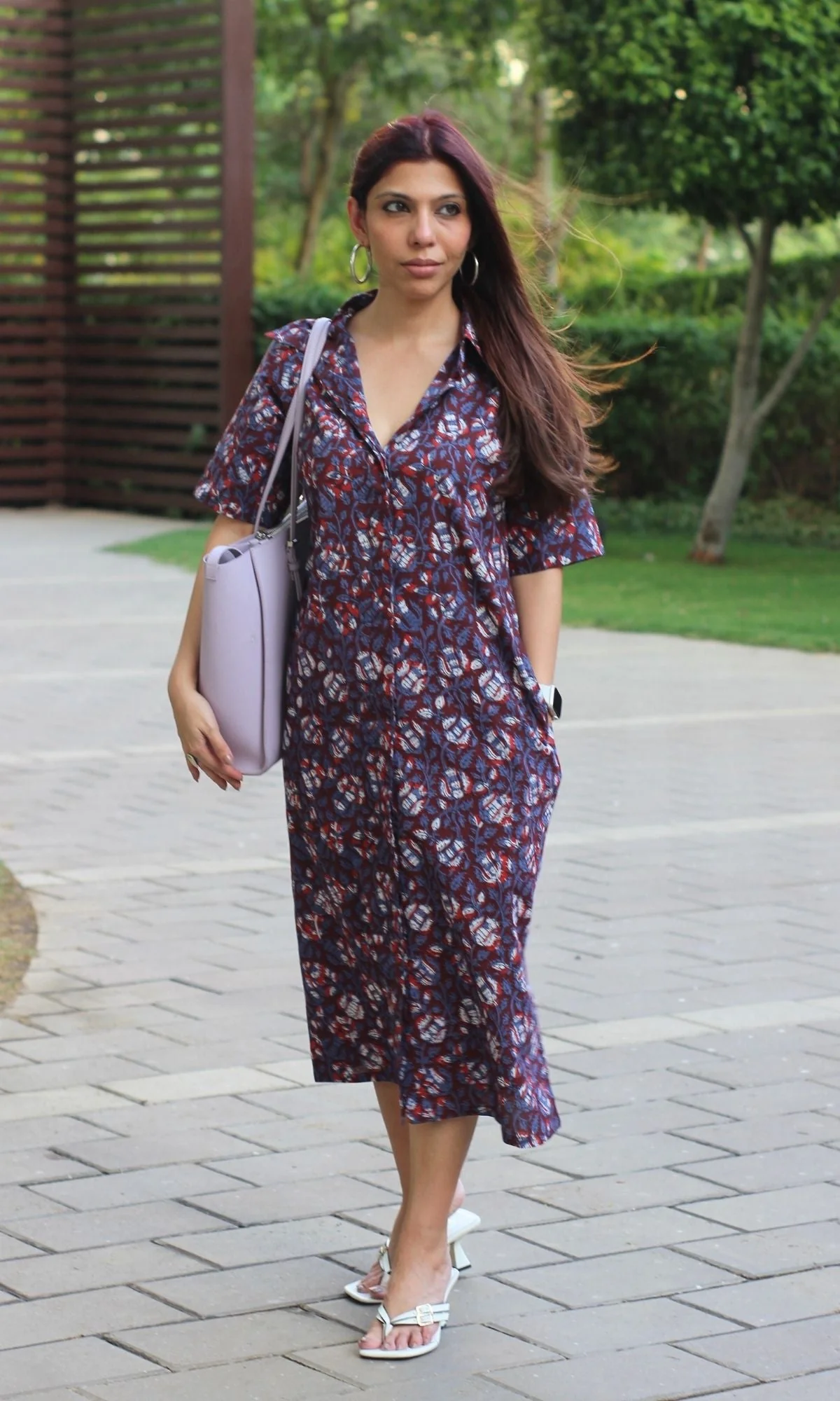 Cotton Handblock Jahota Print Red & Blue Shirt Dress - Image 3