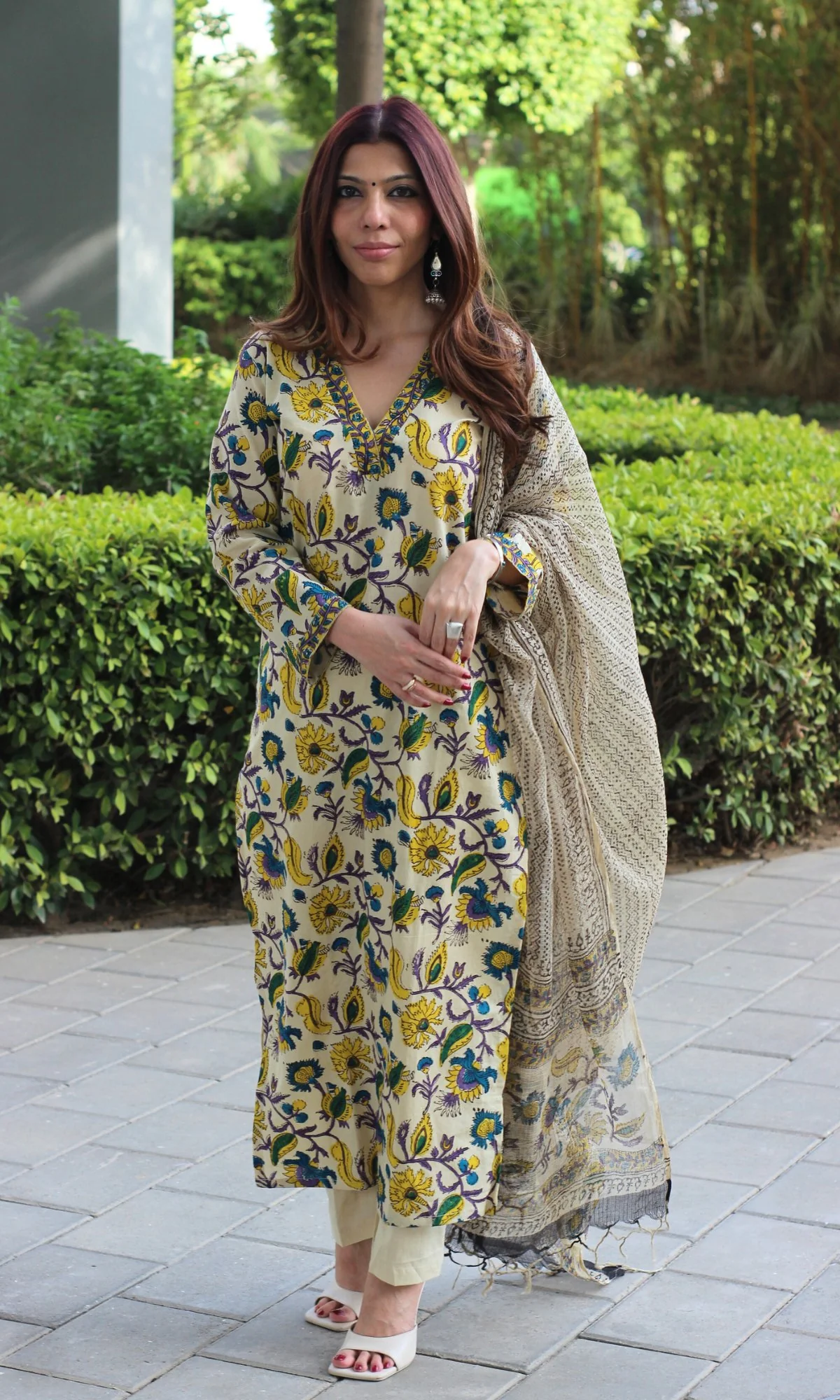 Cotton Handblock Kalamkari Beige Suit with Kota Doria Printed Dupatta - Image 6