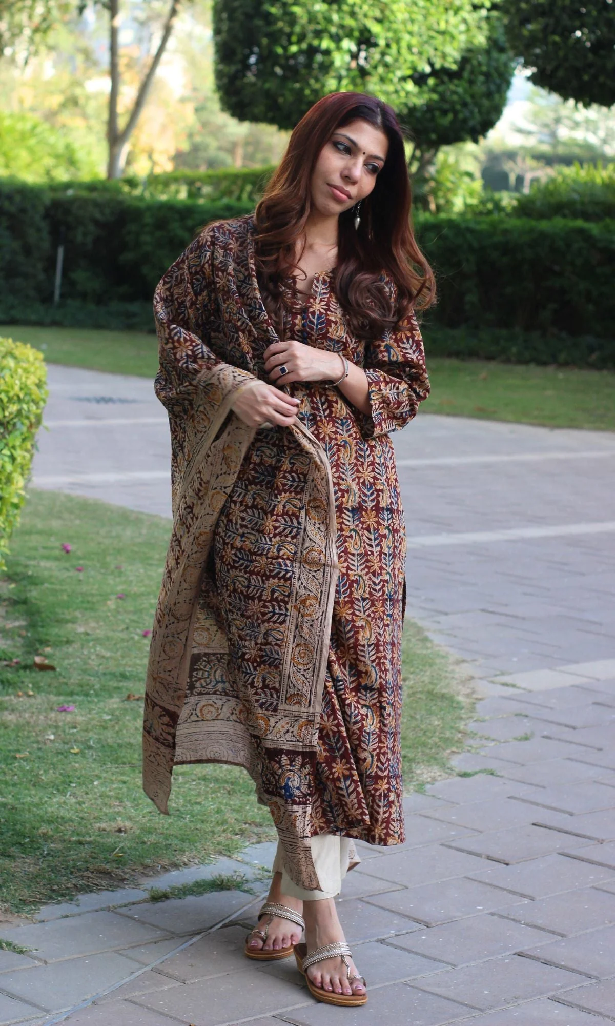 Cotton Handblock Kalamkari Brown Kurta and Dupatta - Image 6