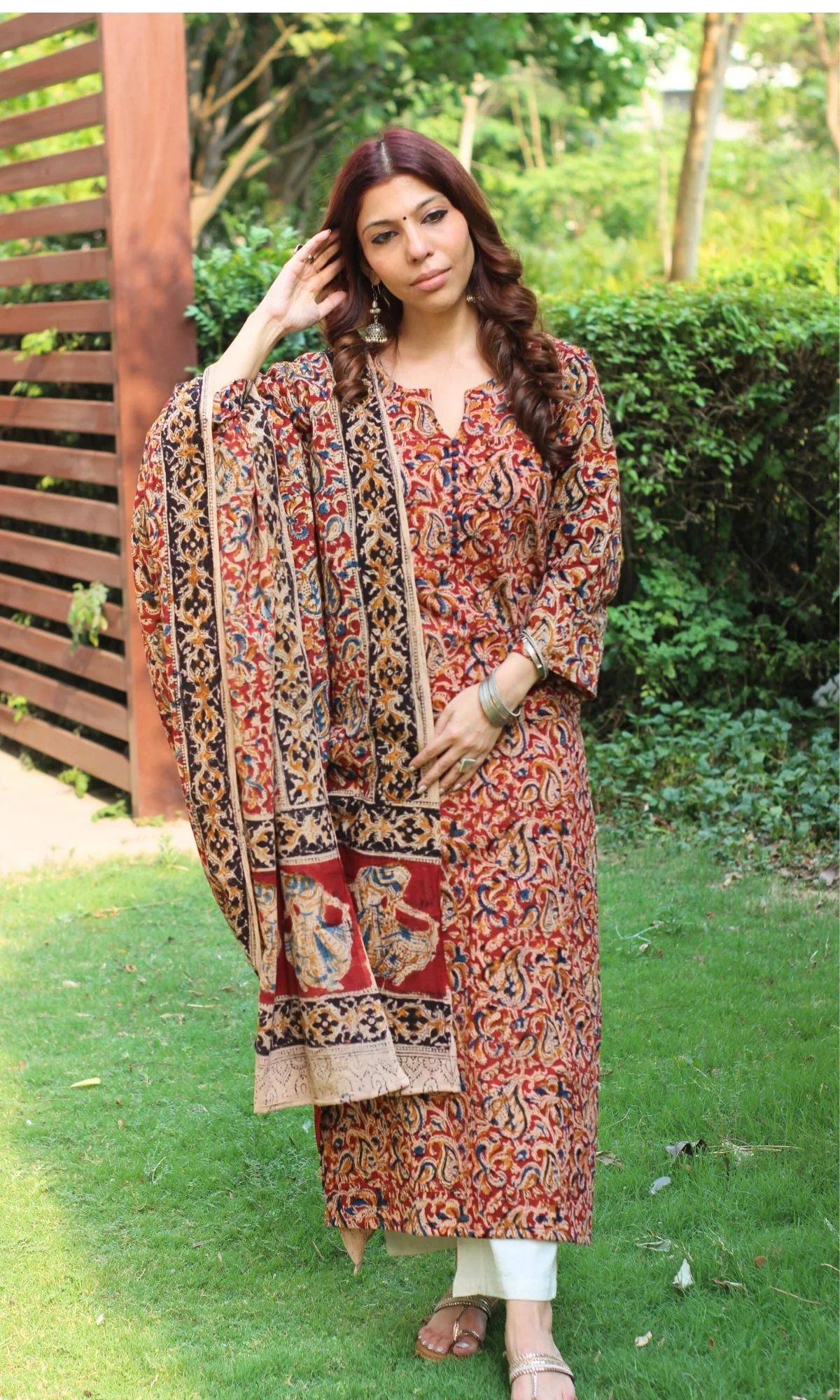 Cotton Handblock Kalamkari Red Nritya Kurta and Dupatta - Image 3
