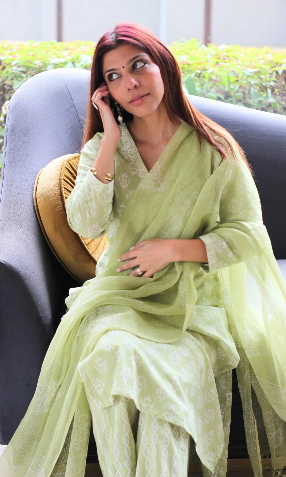 Cotton Handblock Lime Green Suit Set with Kota Doria Handblock Dupatta - Image 2
