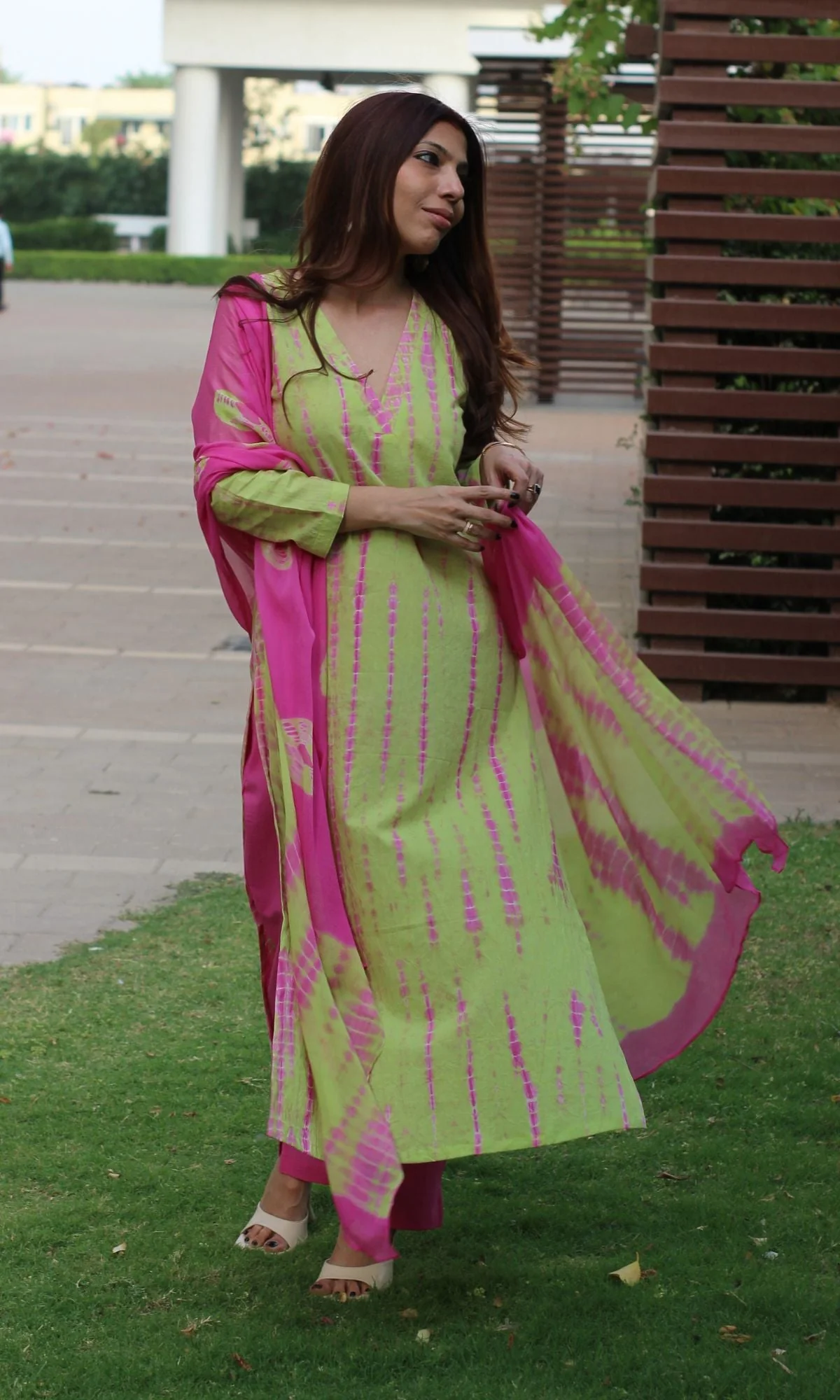 Cotton Handblock Lime Green Tie and Dye Suit set with Chiffon Dupatta - Image 5
