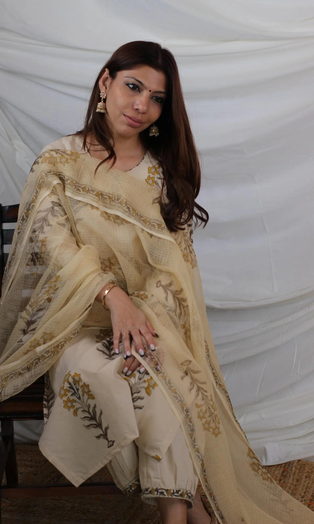 Cotton Handblock Mughal Print Suit Set with Kota Doria Dupatta - Image 3