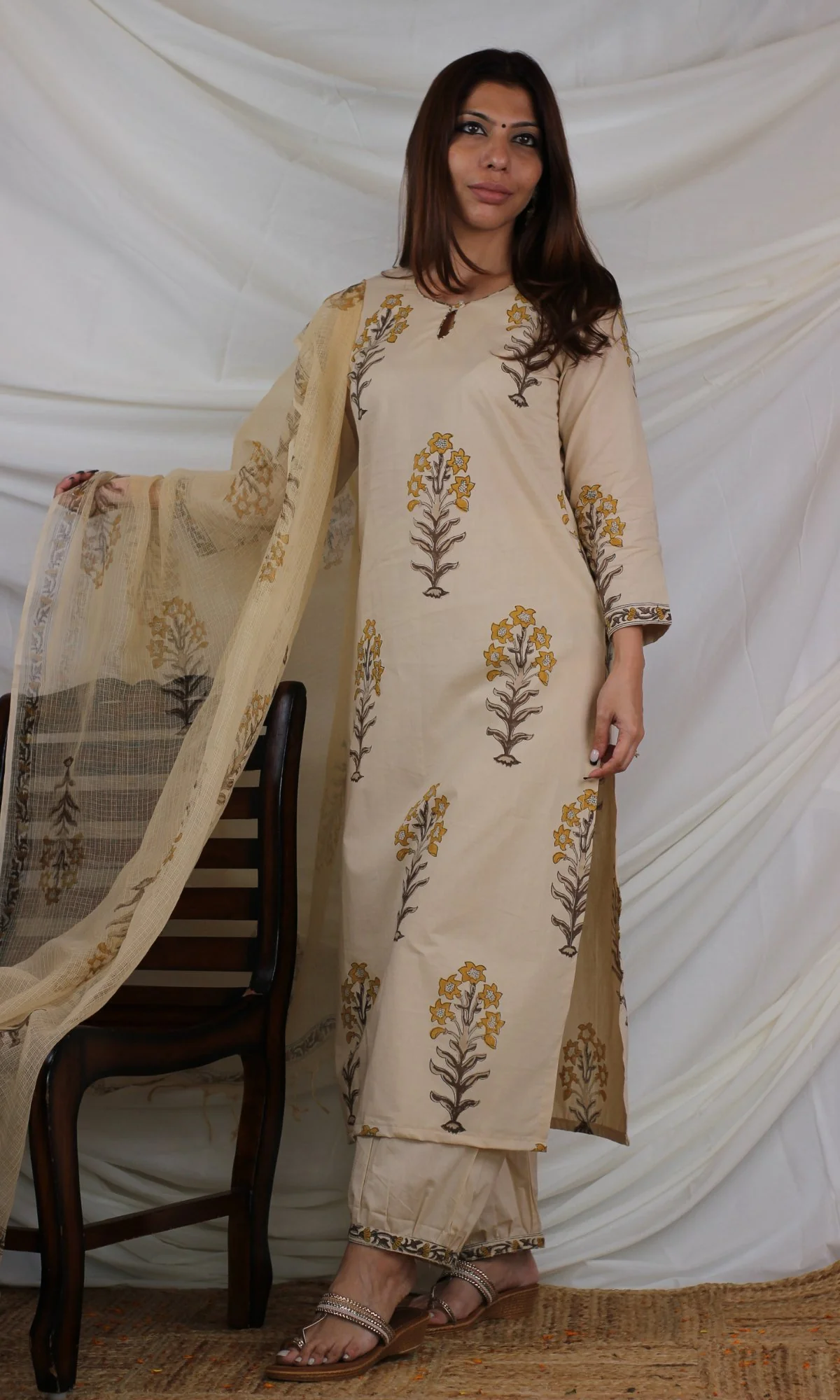 Cotton Handblock Mughal Print Suit Set with Kota Doria Dupatta - Image 4