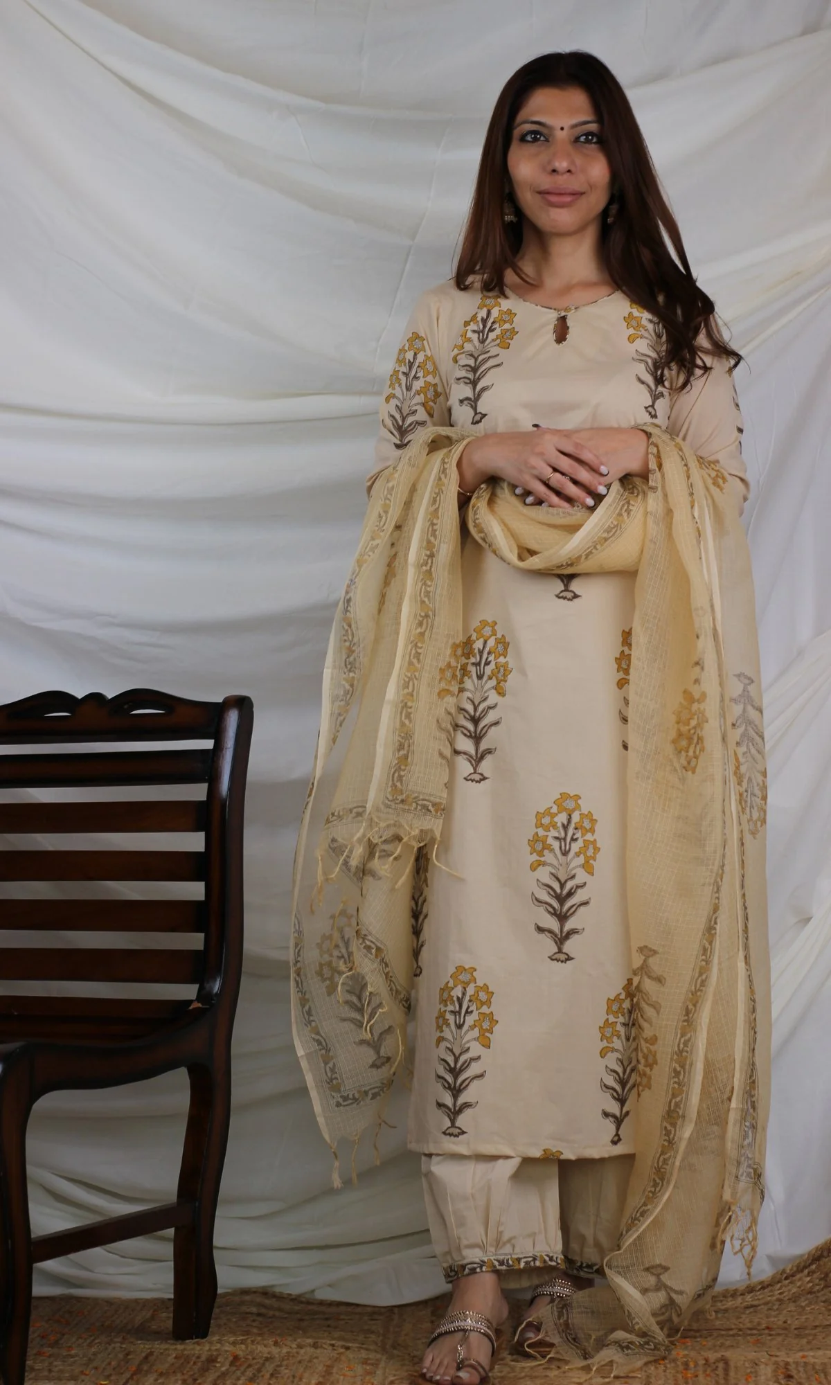 Cotton Handblock Mughal Print Suit Set with Kota Doria Dupatta - Image 5