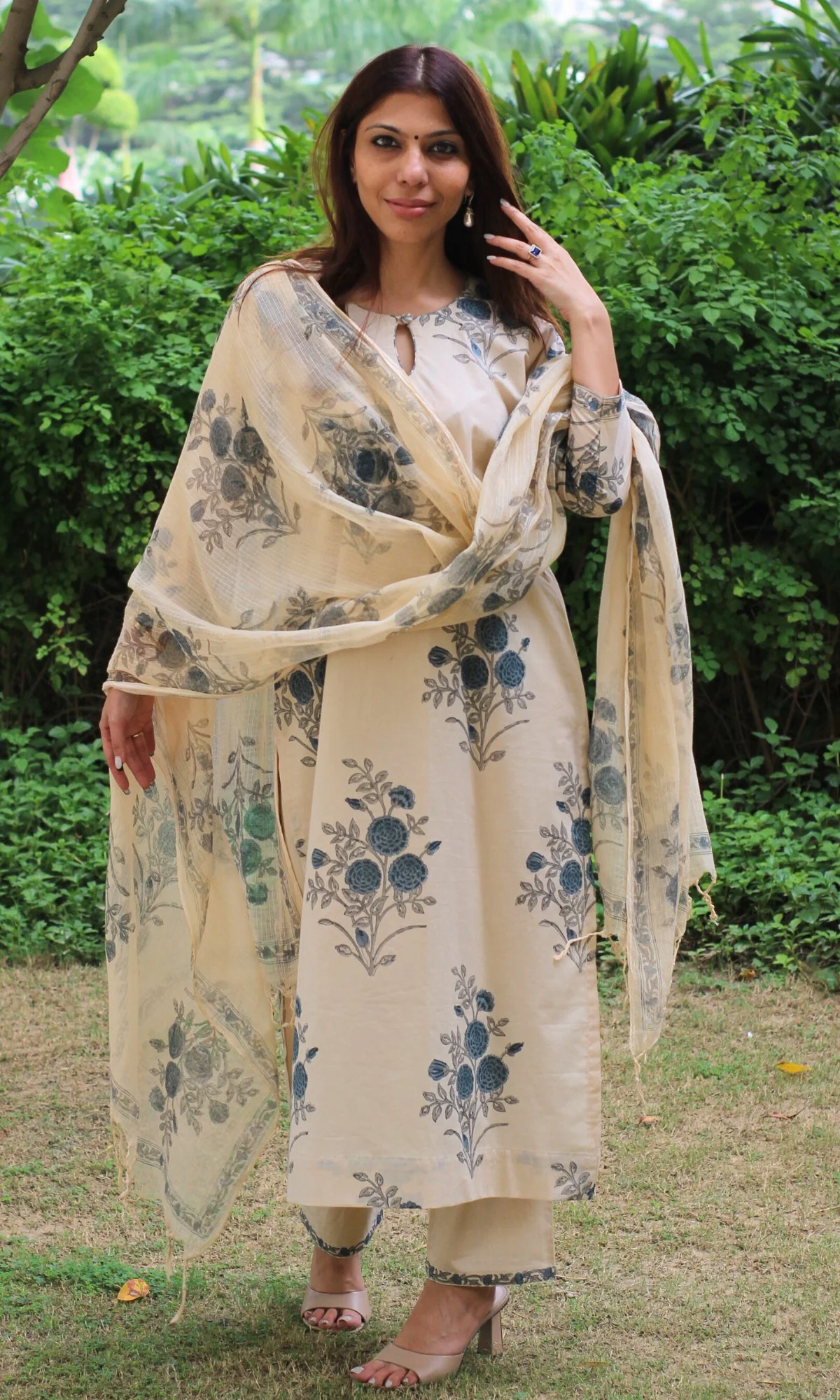 Cotton Handblock Blue Mughal Print Suit Set with Kota Doria Dupatta - Image 4