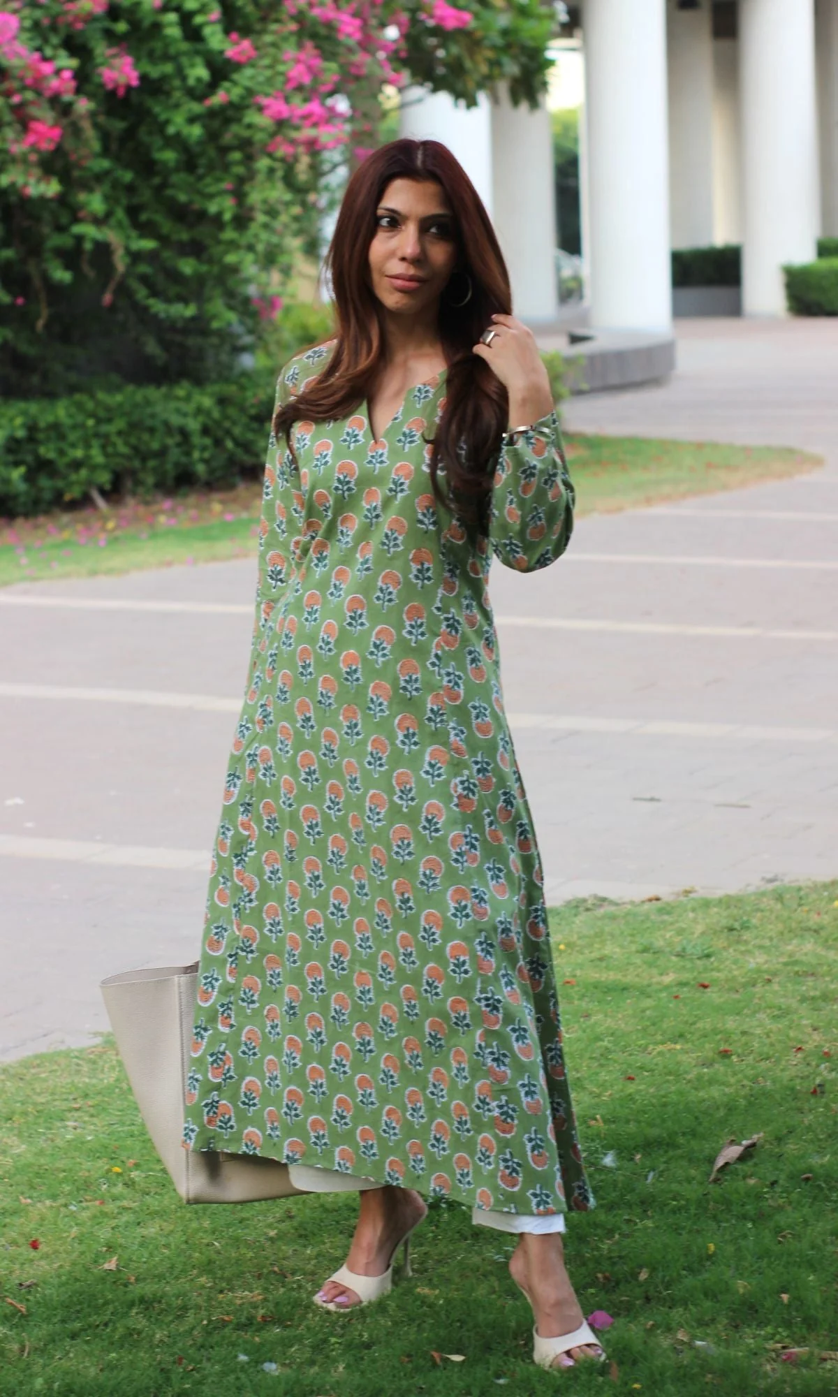 Cotton Handblock Olive Green Kali Kurta - Image 3