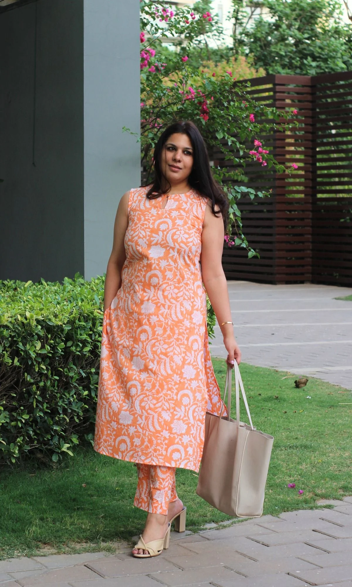 Cotton Handblock Orange Buttoned Neck Kurta and Pants - Image 5