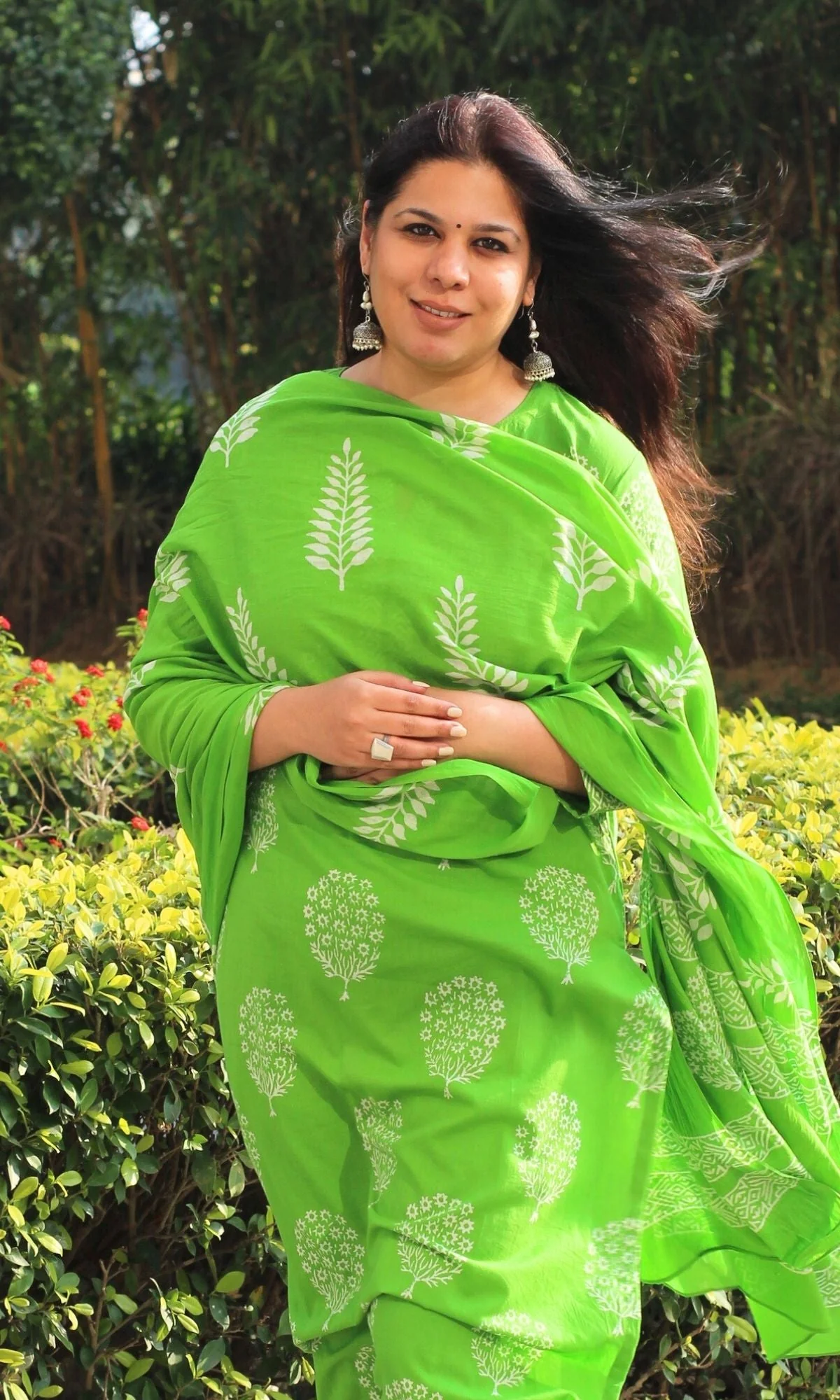 Cotton Handblock Parrot Green Oval Tree Suit with Mul Cotton Printed Dupatta - Image 6