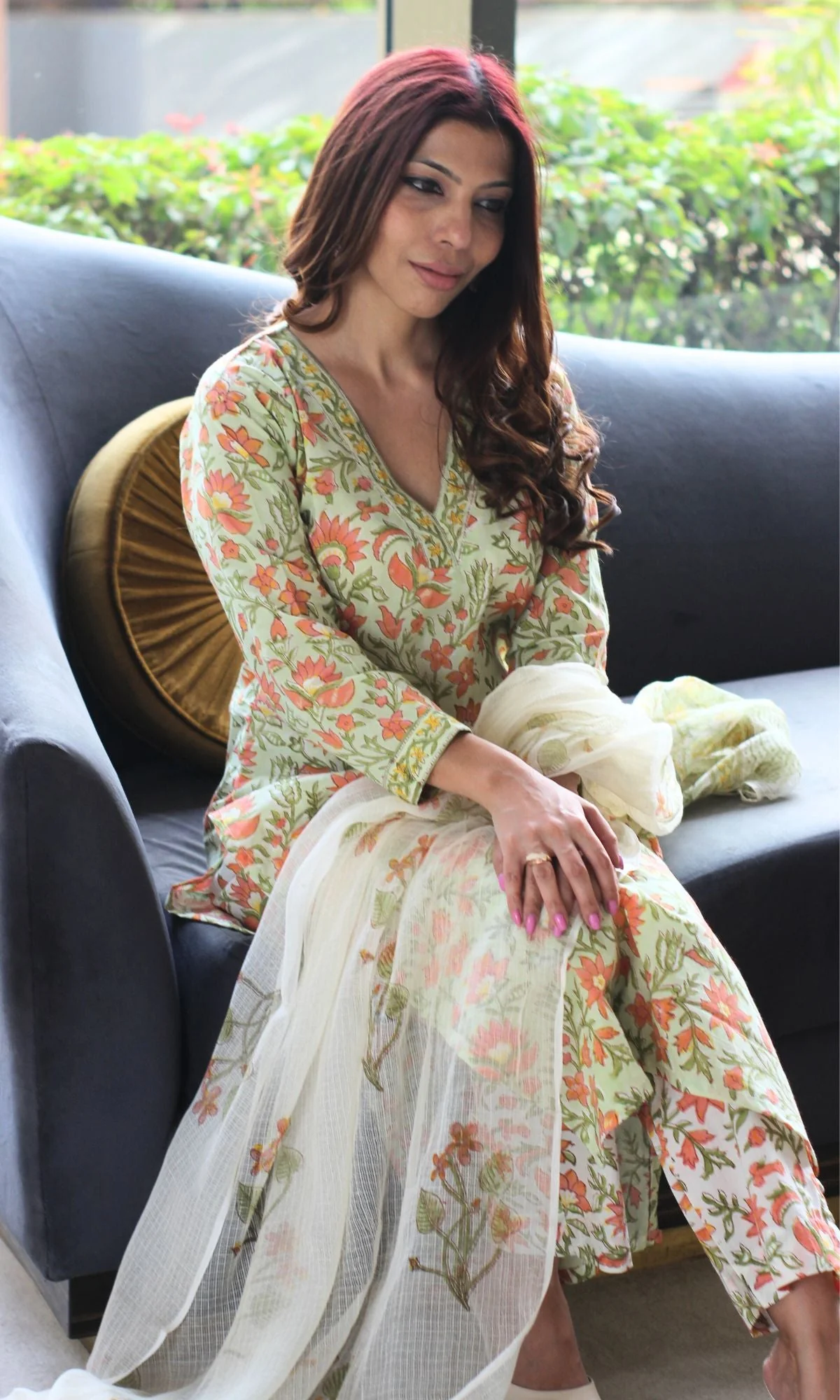 Cotton Handblock Print Green & Peach Suit with Kota Doria Handblock dupatta