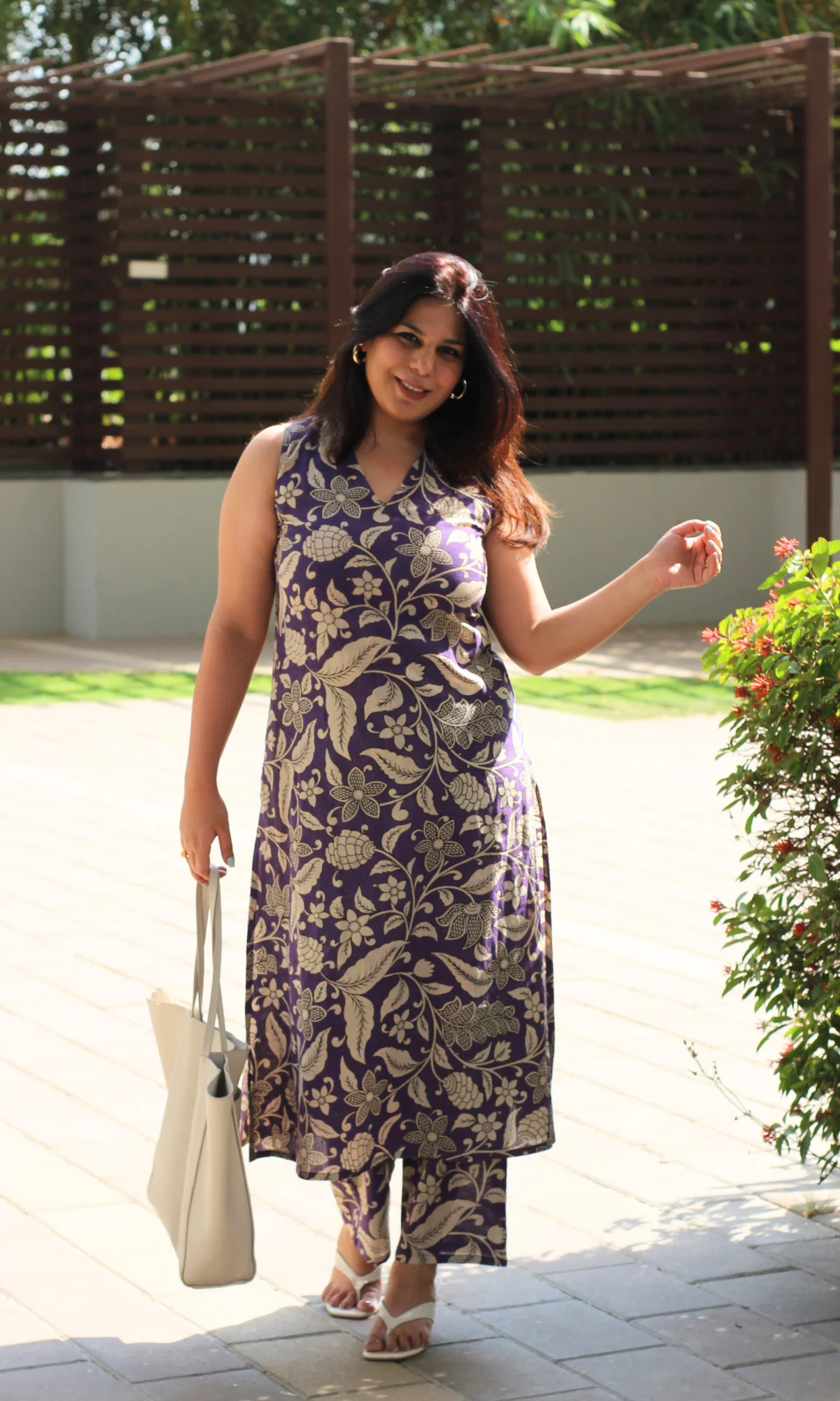 Cotton Handblock Purple Kalamkari phool print A line Kurta & Pants - Image 4