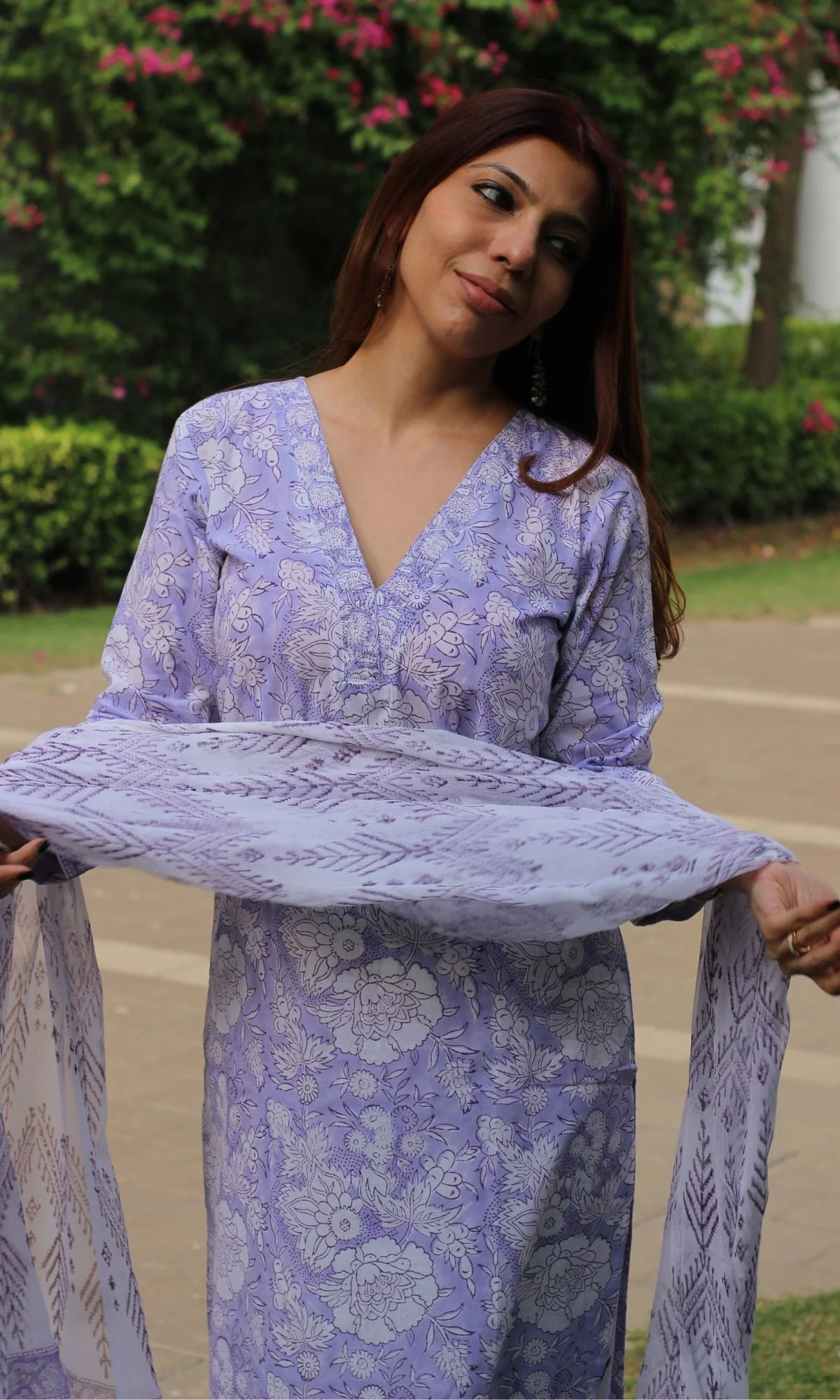 Cotton Handblock Purple Suit Set with Printed Chiffon Dupatta - Image 3