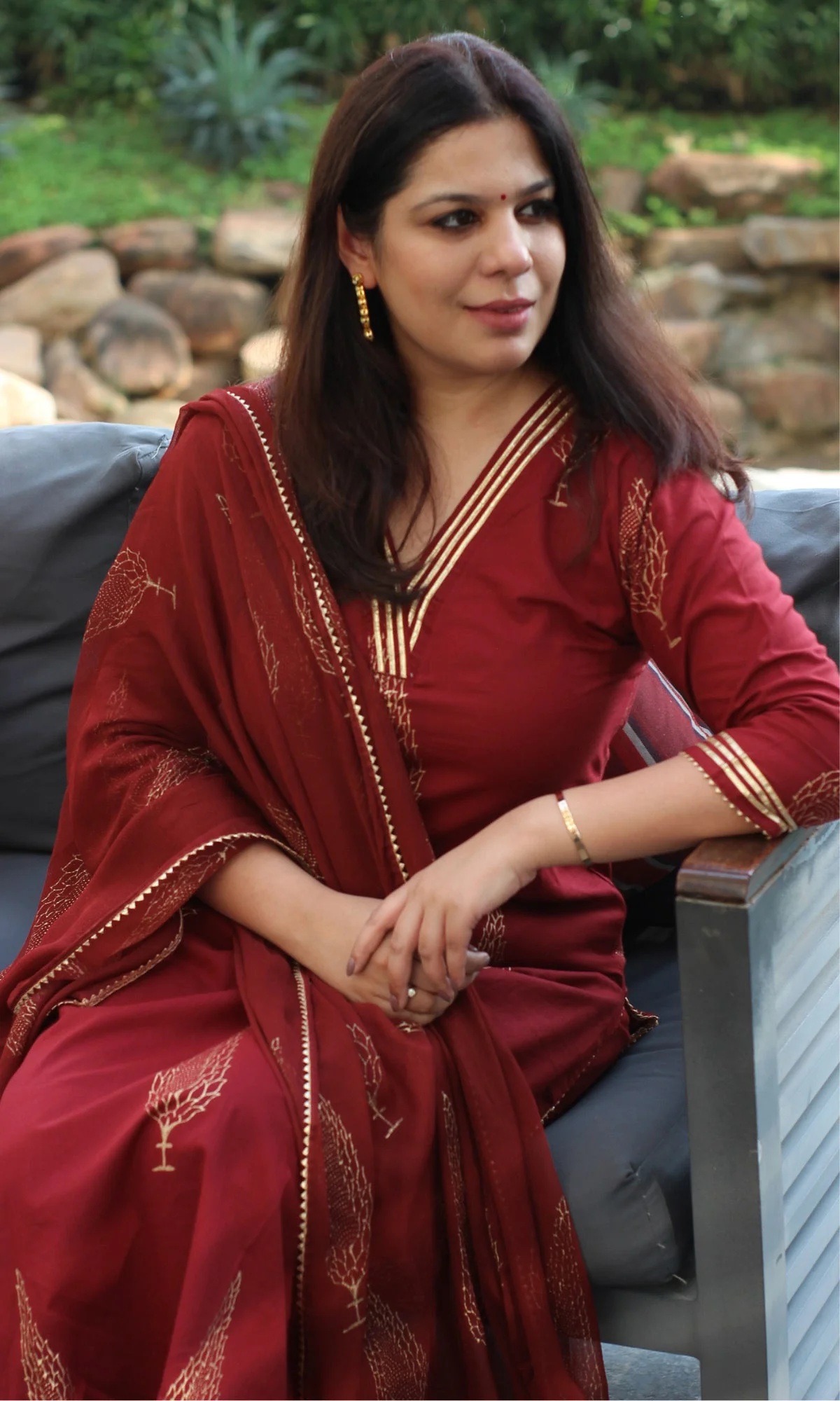 Cotton Handblock Red and Gold Kurta and Pants with Chiffon Dupatta - Image 5