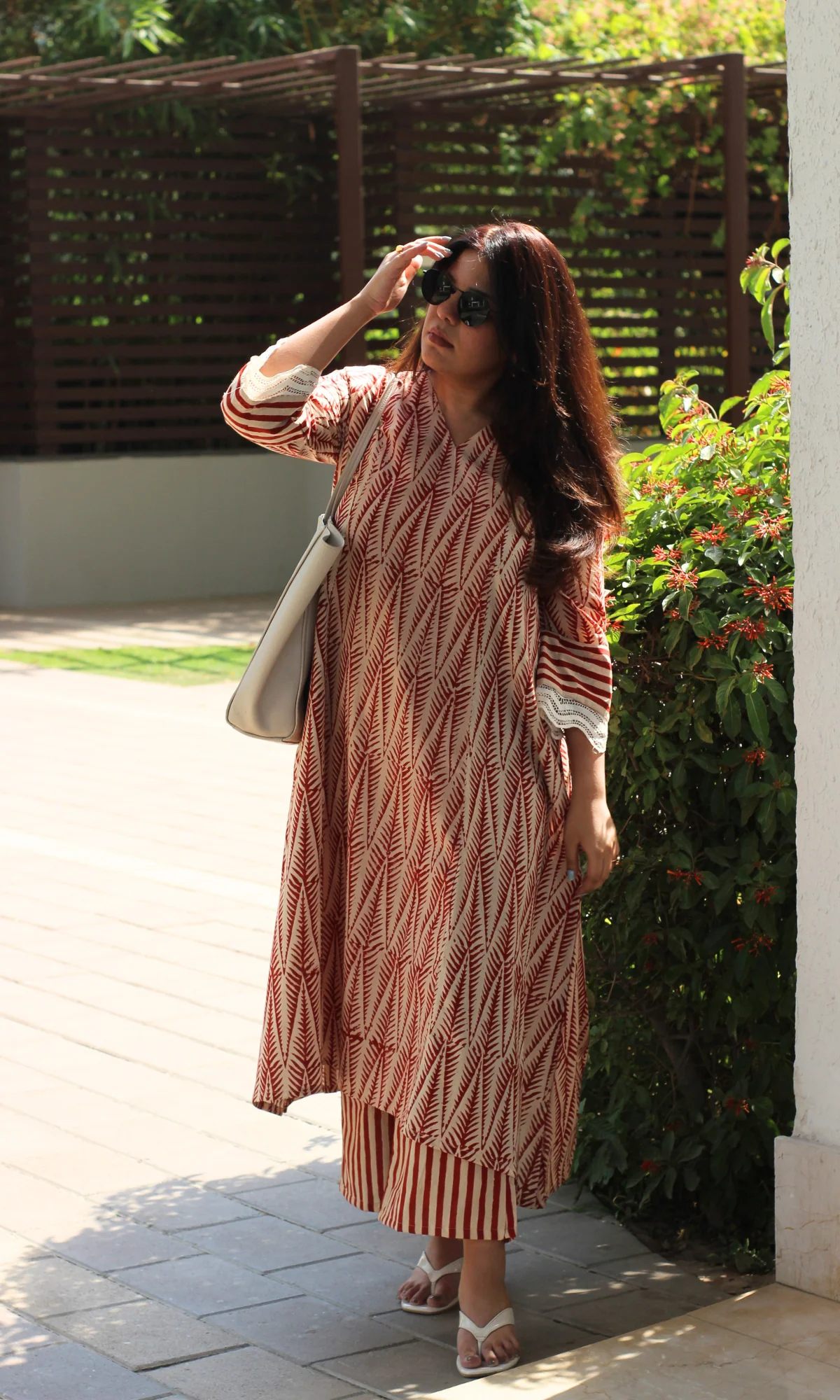 Cotton Handblock Red Leafline A line , Laced Sleeve Kurta with Pants - Image 4