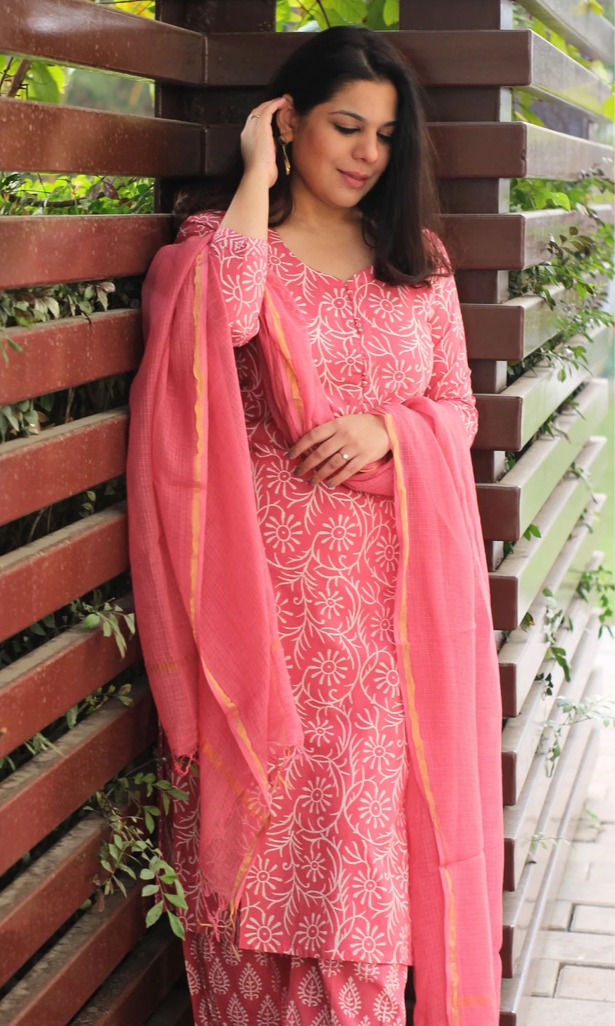 Cotton Handblock Rose Pink Suit Set with Kota Doria Dupatta - Image 3