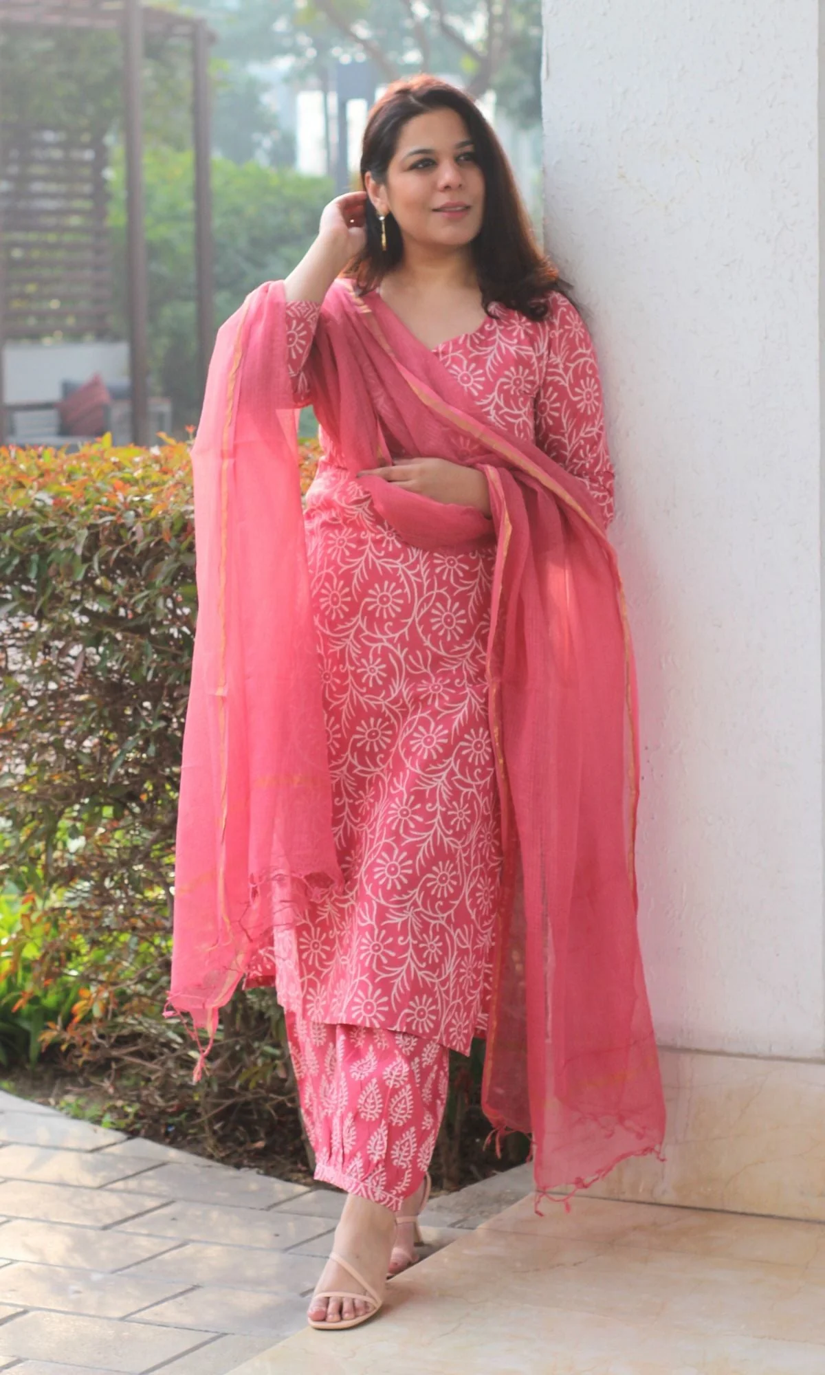 Cotton Handblock Rose Pink Suit Set with Kota Doria Dupatta - Image 4