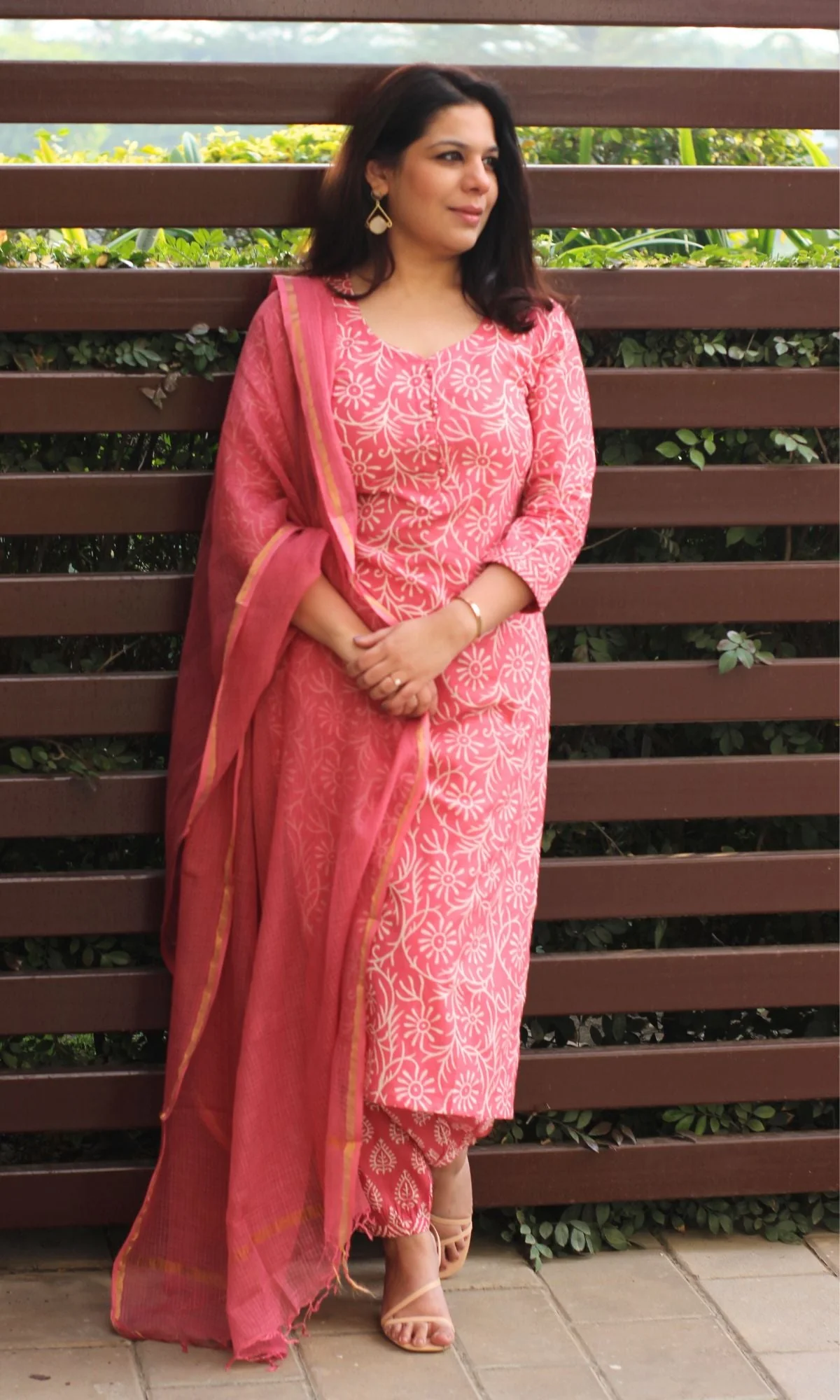 Cotton Handblock Rose Pink Suit Set with Kota Doria Dupatta - Image 5