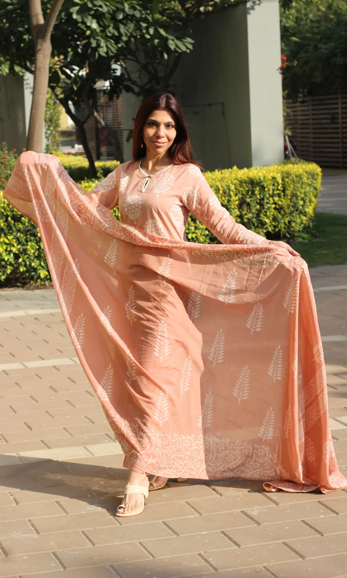 Cotton Handblock Salmon Mughal Print Suit with Cotton Handblock Printed Dupatta - Image 6