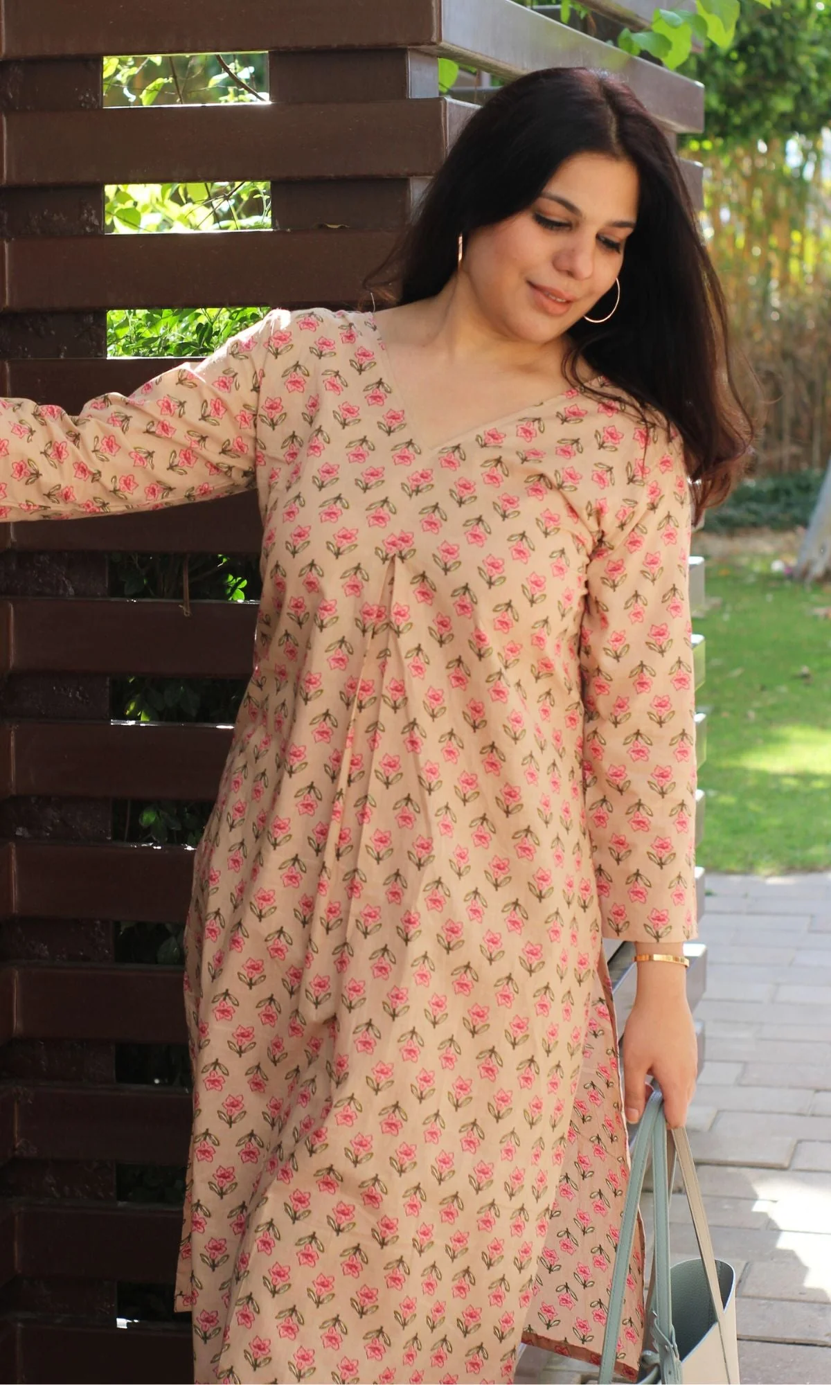 Cotton Block Print Beige Pleated Kurta and Pants Set - Image 3