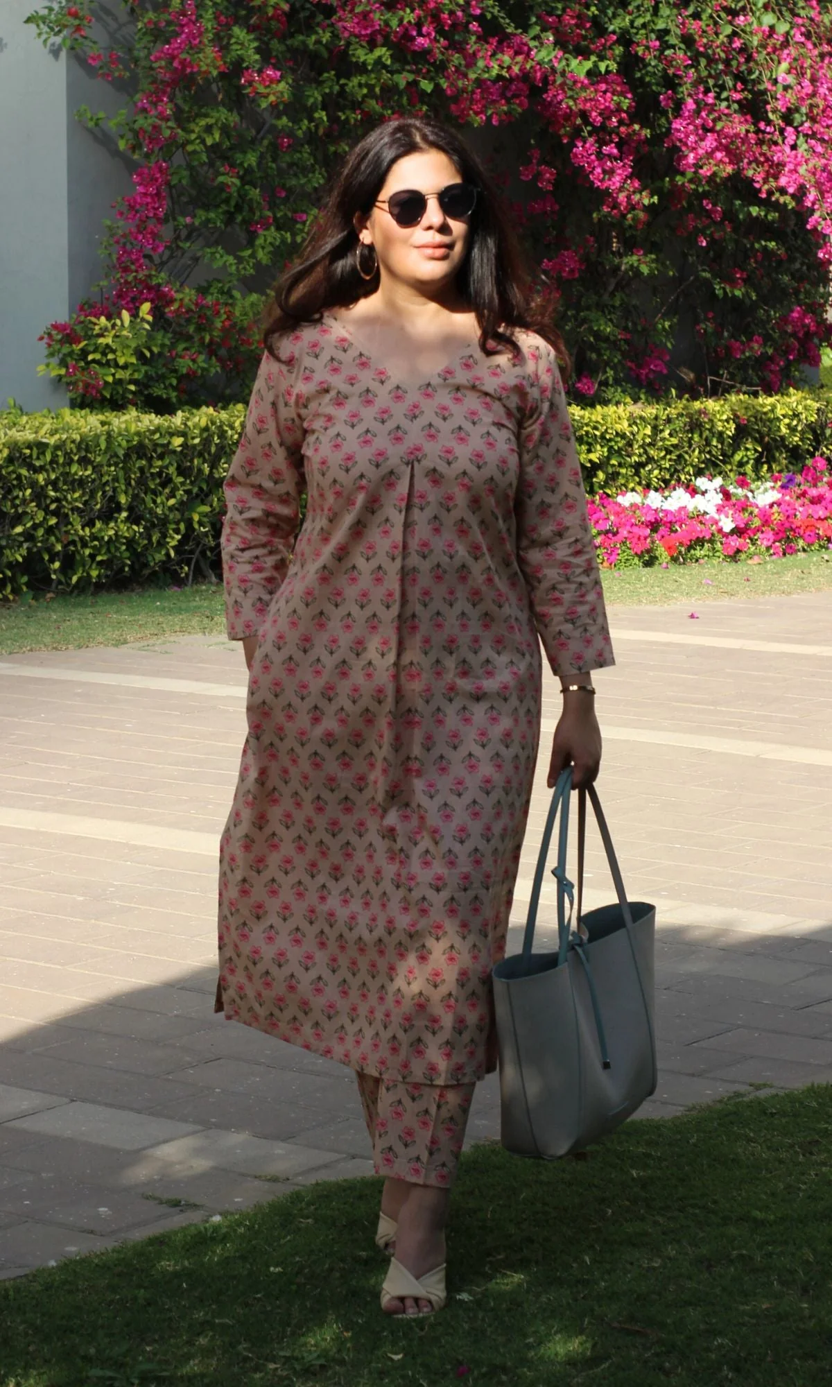 Cotton Block Print Beige Pleated Kurta and Pants Set - Image 5