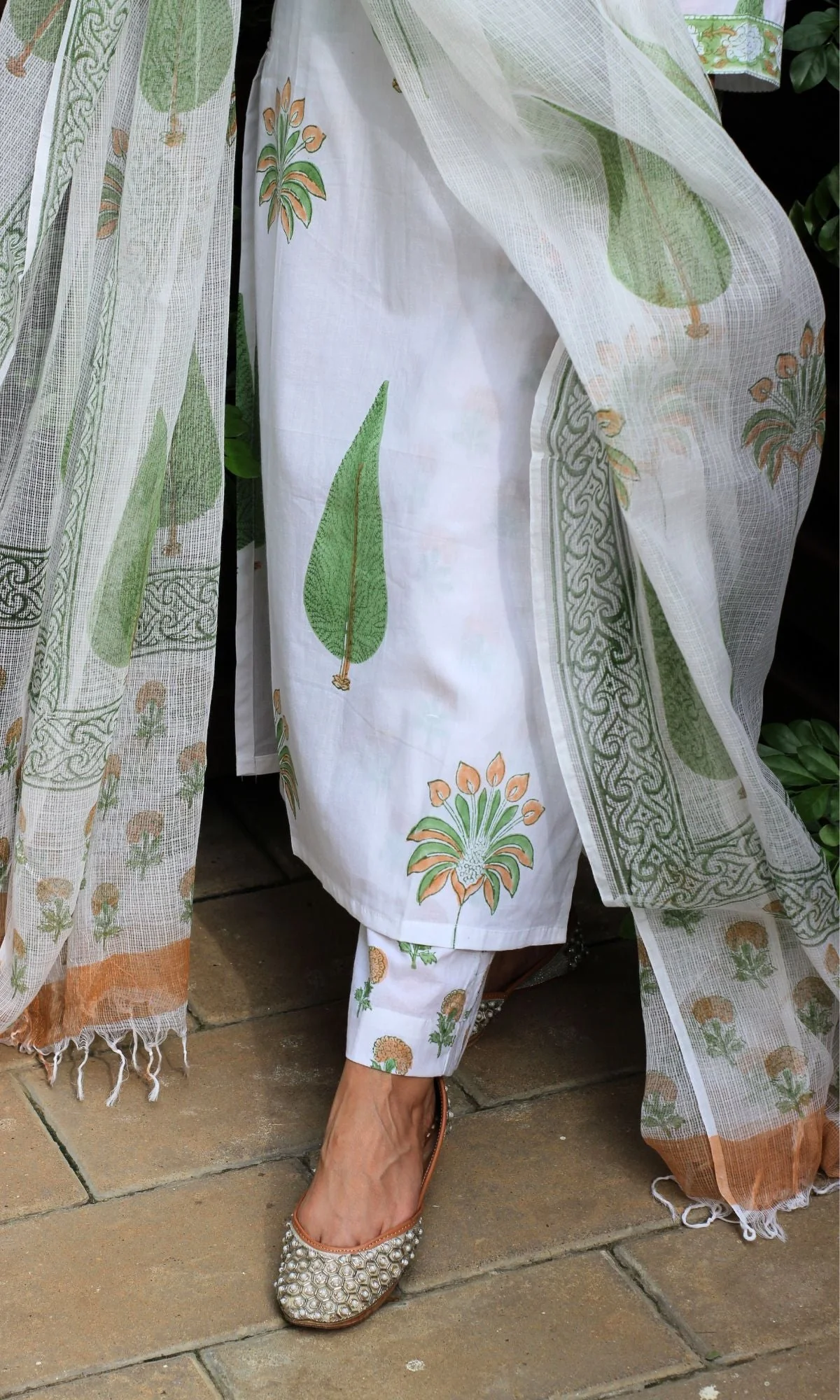 Cotton Handblock White Mughal Mehr Suit Set with Kota Doria Dupatta - Image 6