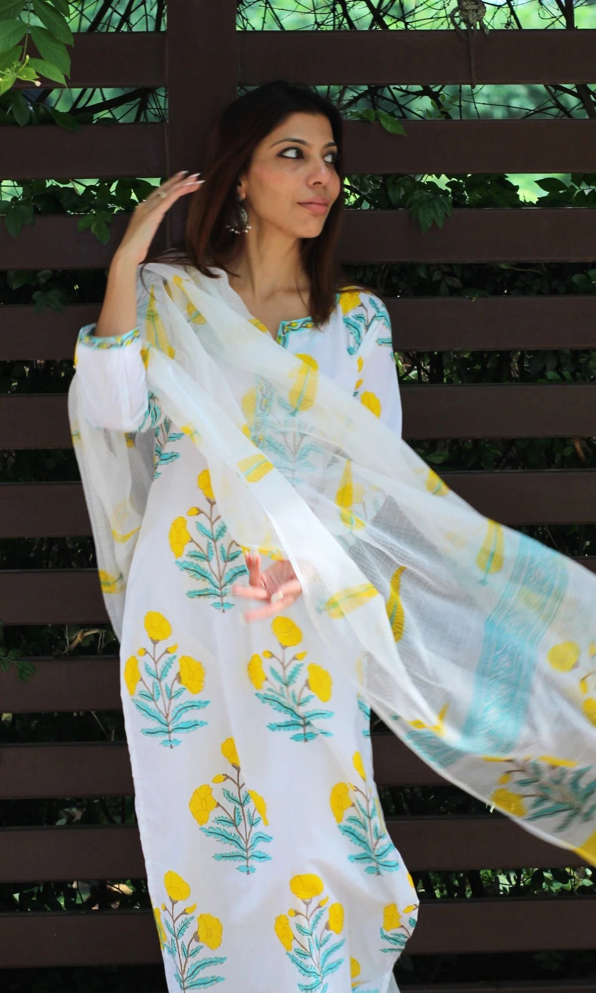 Cotton Handblock White & Yellow Mughal Print Suit Set with Kota Doria Dupatta - Image 7