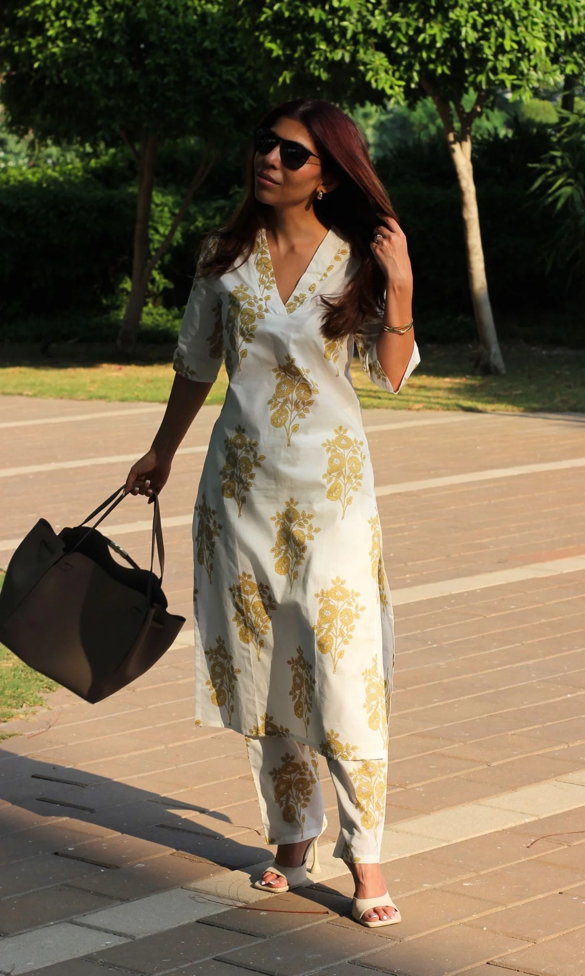 Cotton Handblock Yellow Mughal Print V-neck Coord Set - Image 5