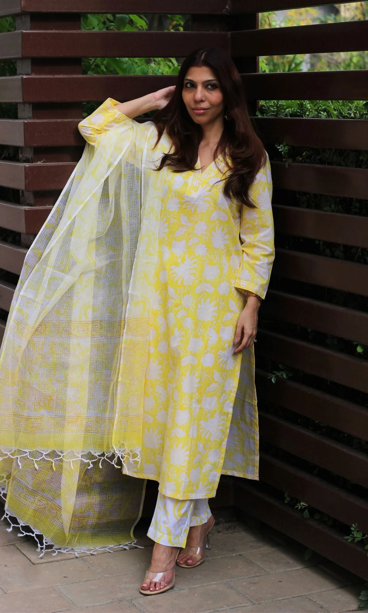 Cotton Handblock Yellow Suit Set with Kota Doria Printed Dupatta - Image 3