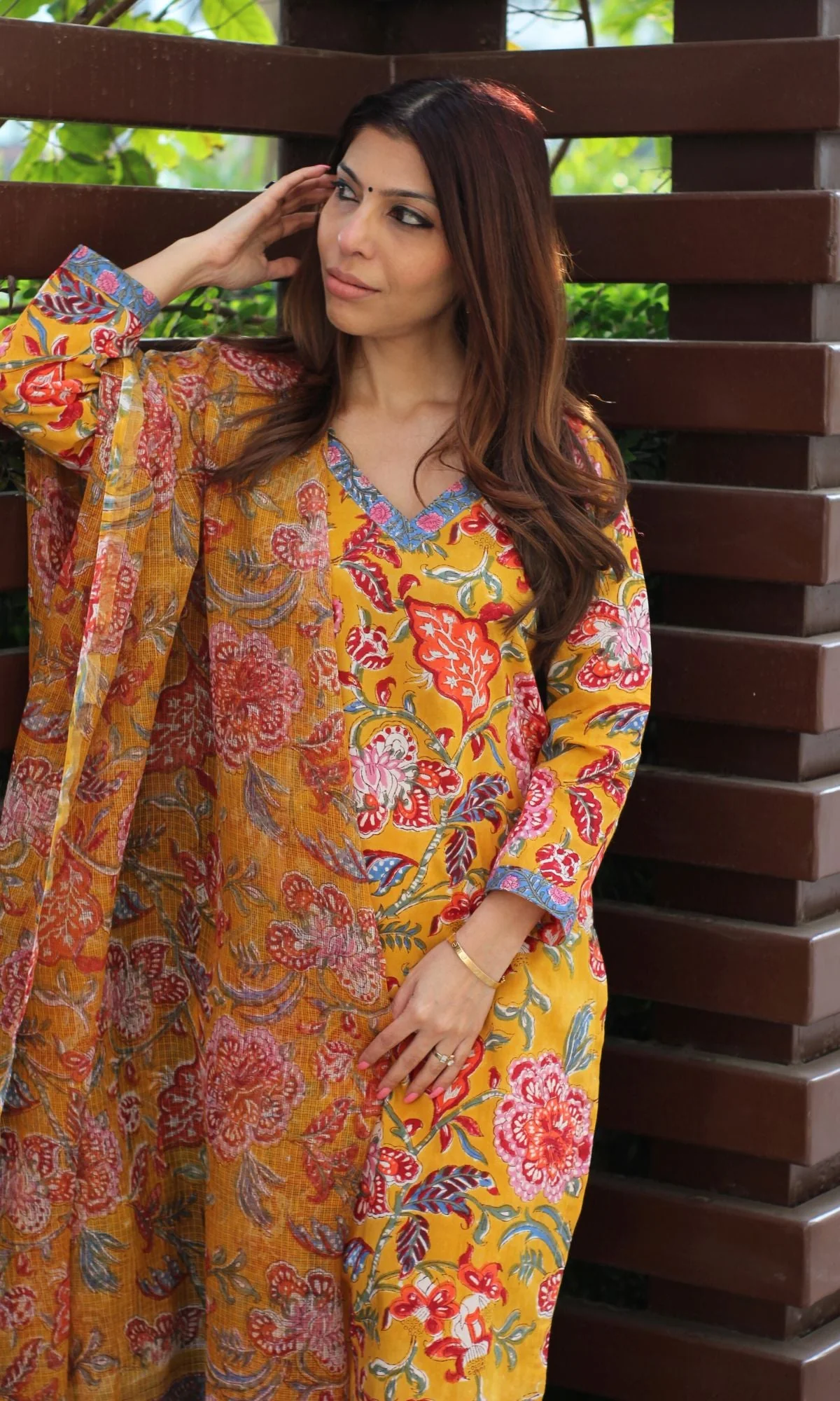 Cotton Handblock Yellow Suit Set with Printed Kota Doria Dupatta - Image 3