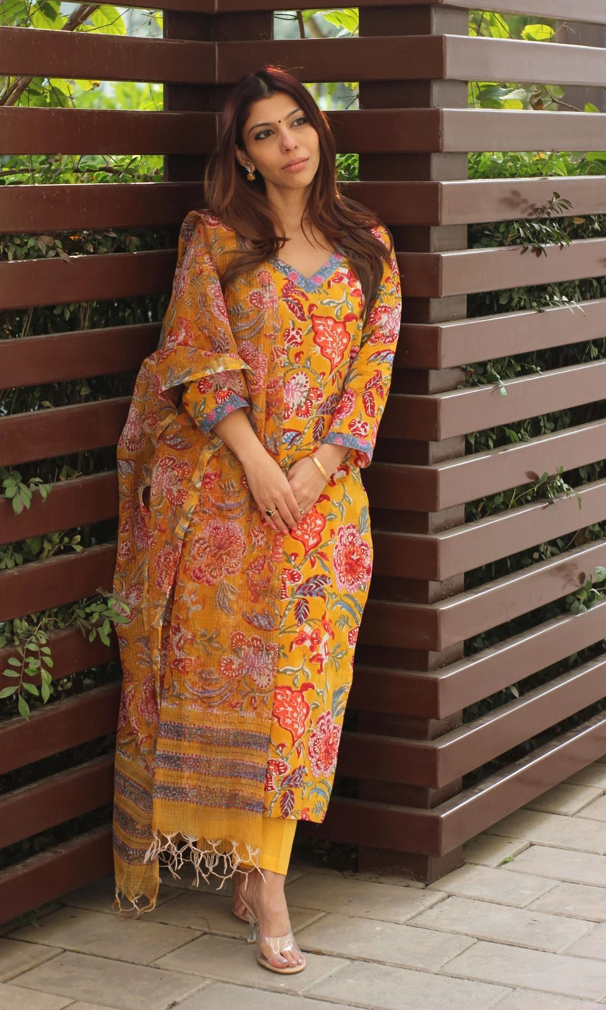 Cotton Handblock Yellow Suit Set with Printed Kota Doria Dupatta - Image 4