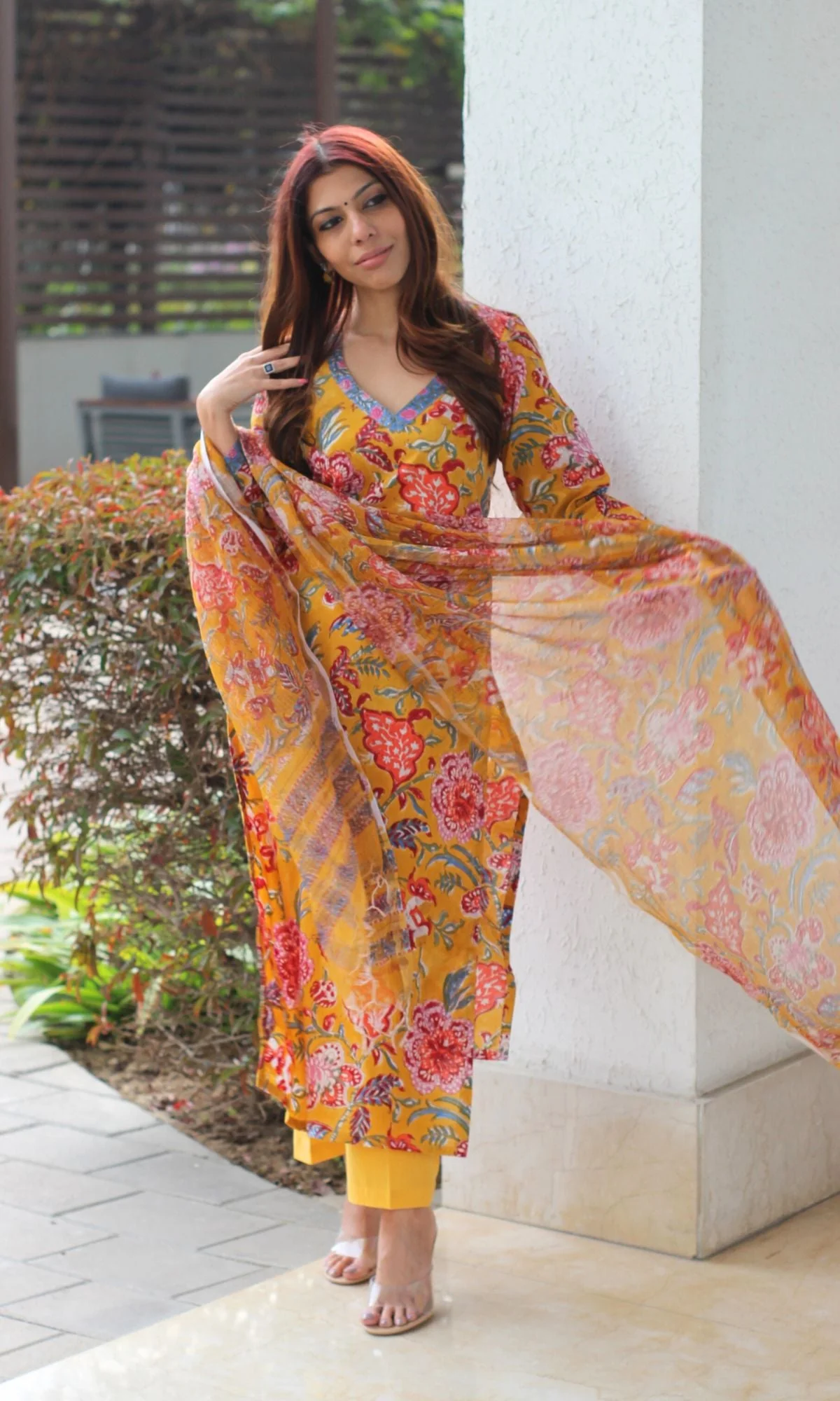 Cotton Handblock Yellow Suit Set with Printed Kota Doria Dupatta - Image 5