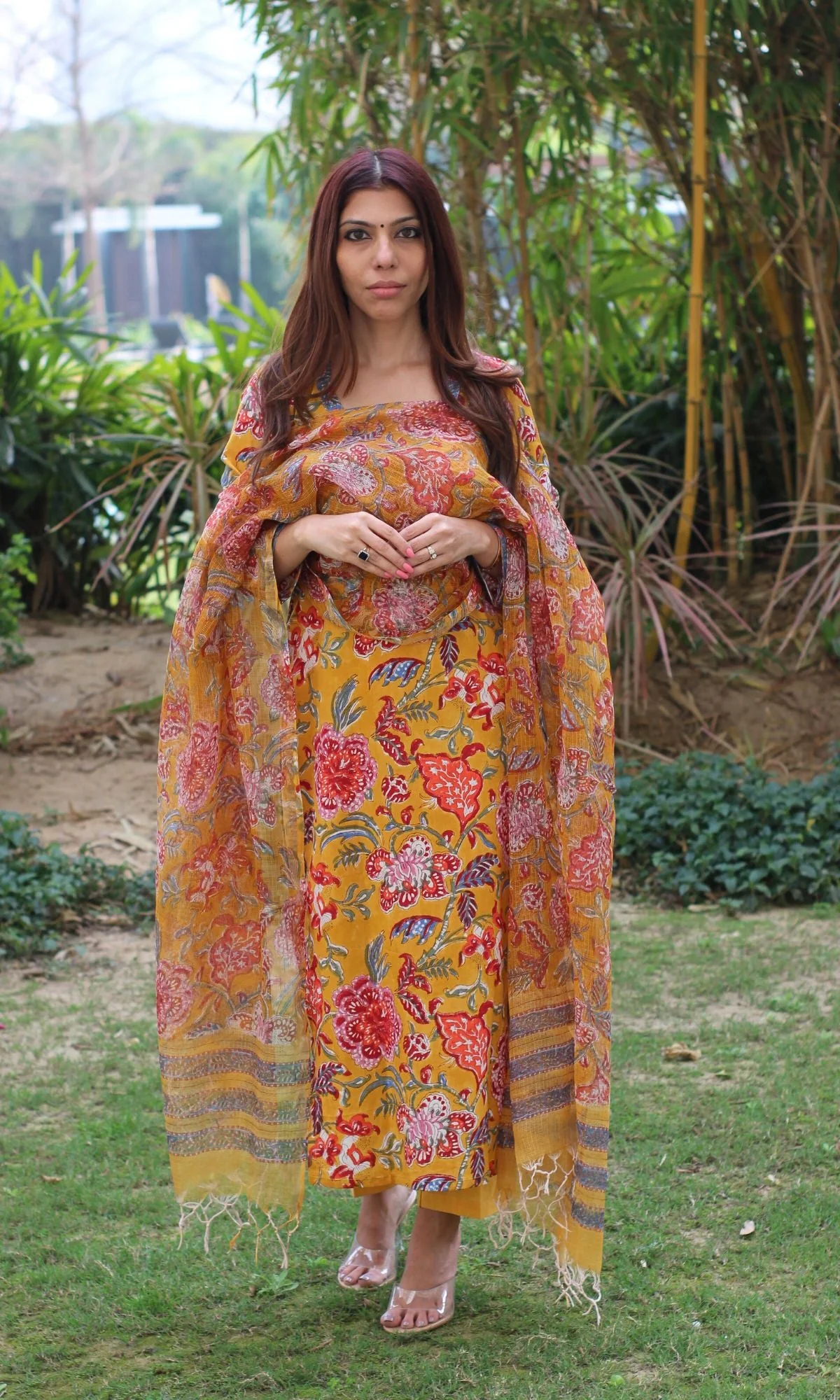Cotton Handblock Yellow Suit Set with Printed Kota Doria Dupatta - Image 6