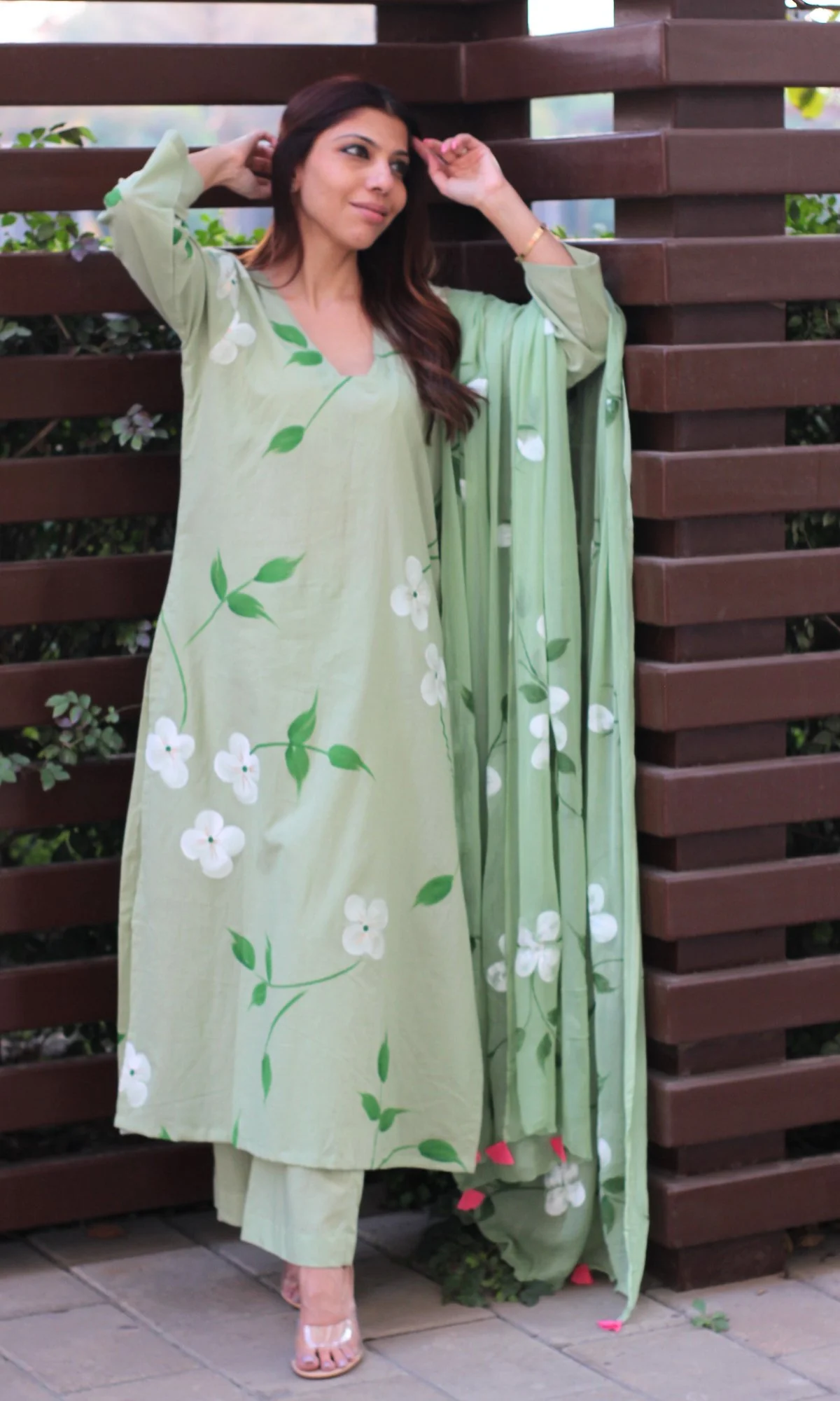 Cotton Handbrush Green Suit Set with Handbrush Chiffon Dupatta - Image 5