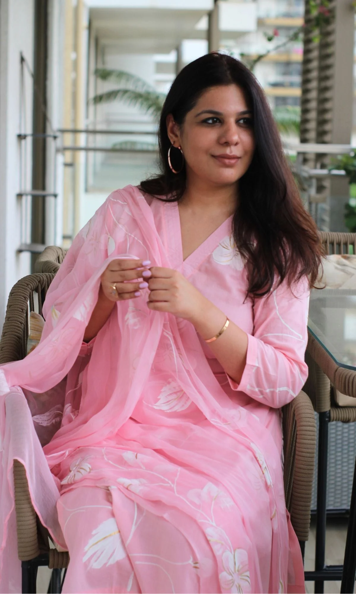Cotton Handbrush Pink Suit Set with Chiffon Handbrush Dupatta - Image 4