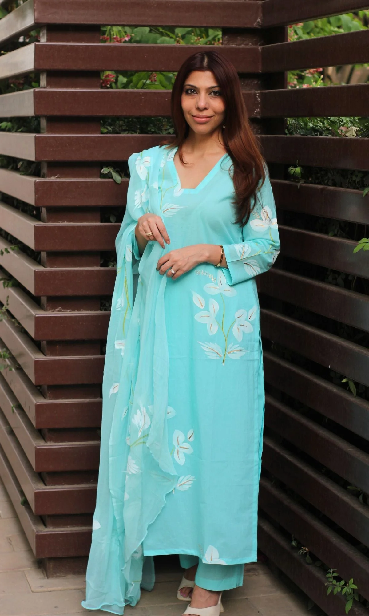 Cotton Handbrush Sky Blue Suit Set with Handbrush Chiffon Dupatta - Image 6