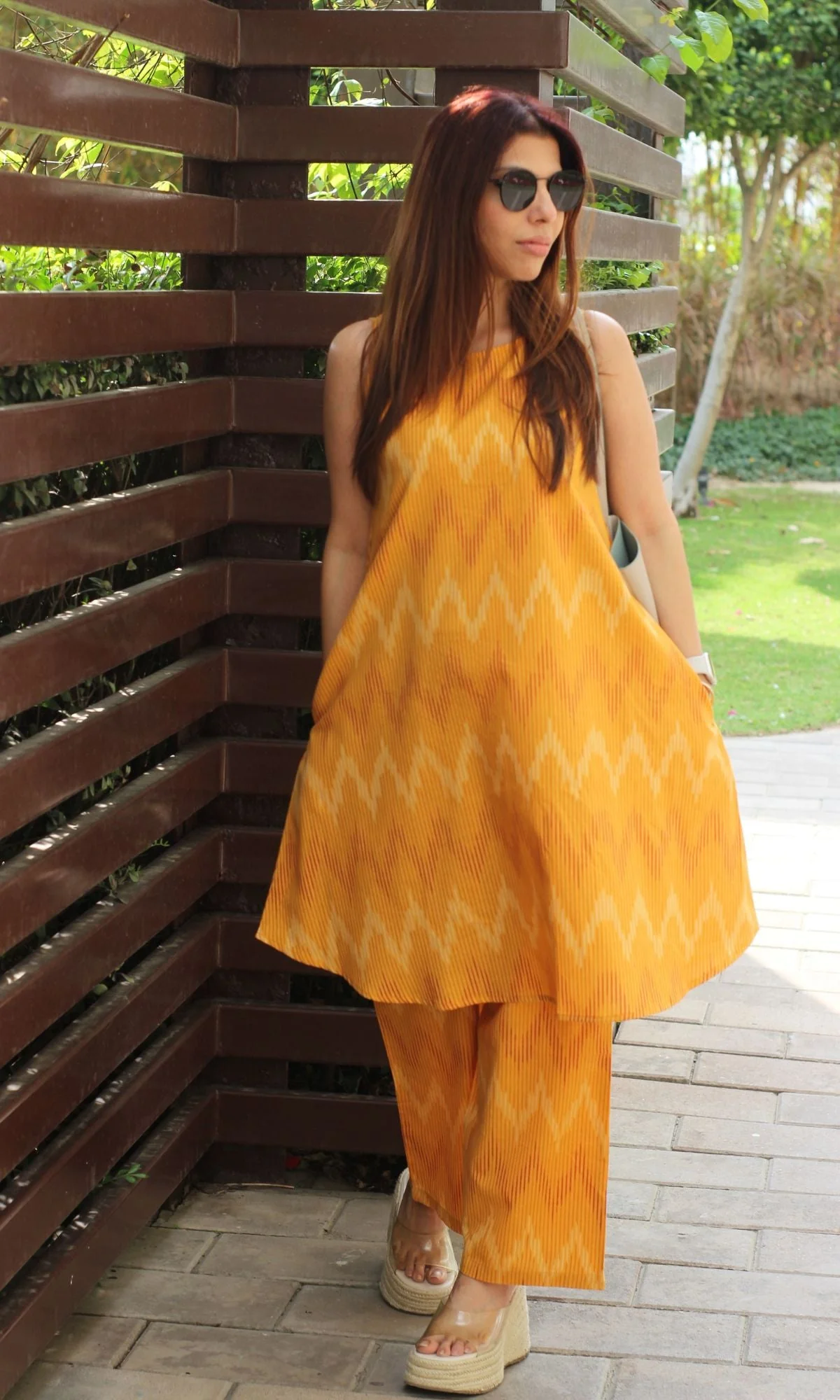 Cotton Handloom Ikat Sunny Yellow Sleeveless Coord Set