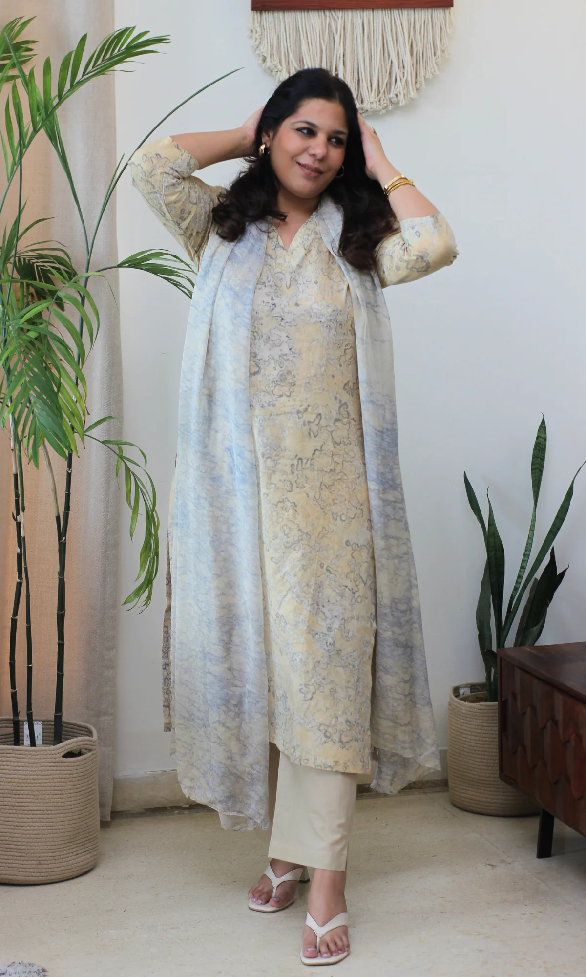 Cotton Hazy Beige African Shibori Kurta, Chiffon Dupatta & Cotton Pants - Image 5