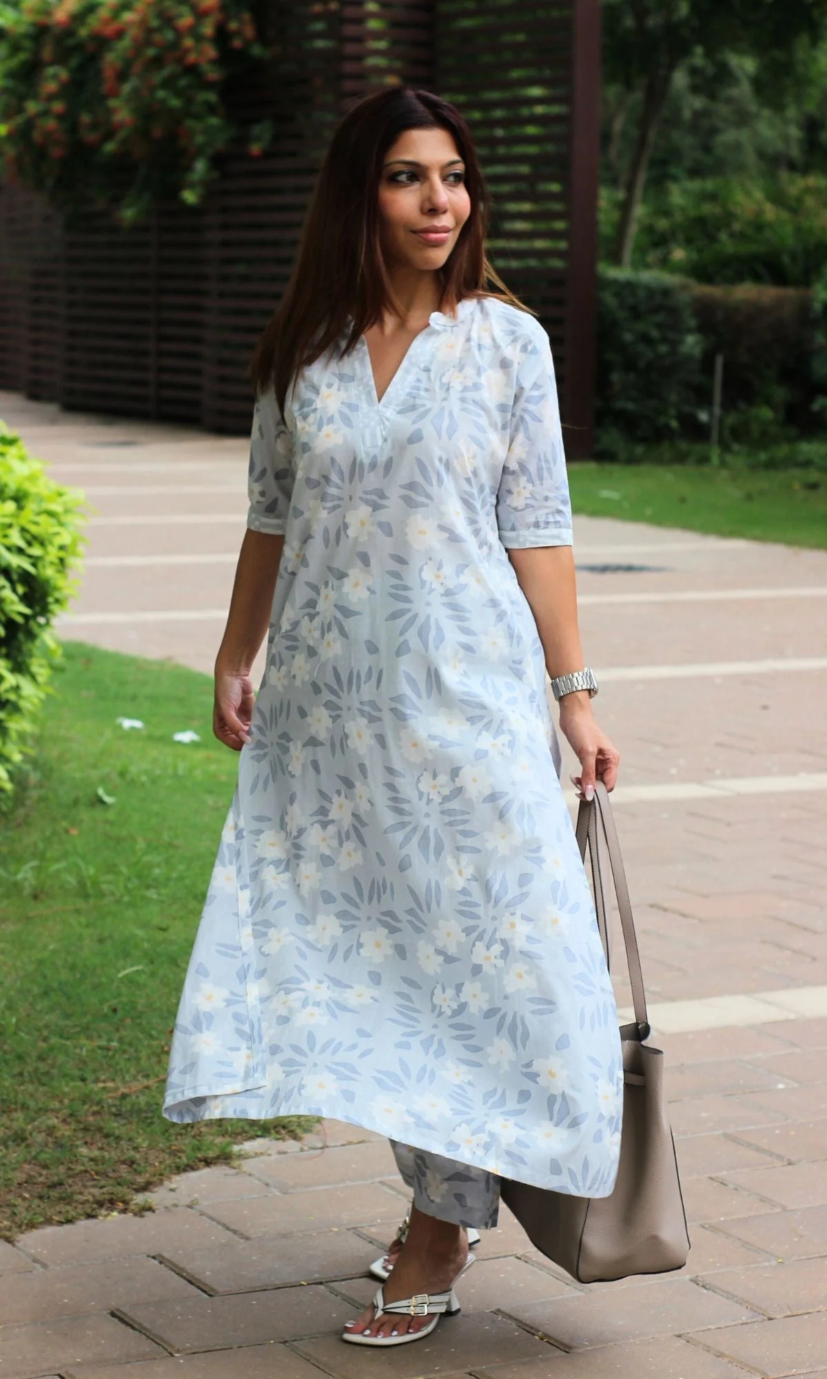 Cotton Ice Blue Soft Petal Print Collared Coord Set - Image 4