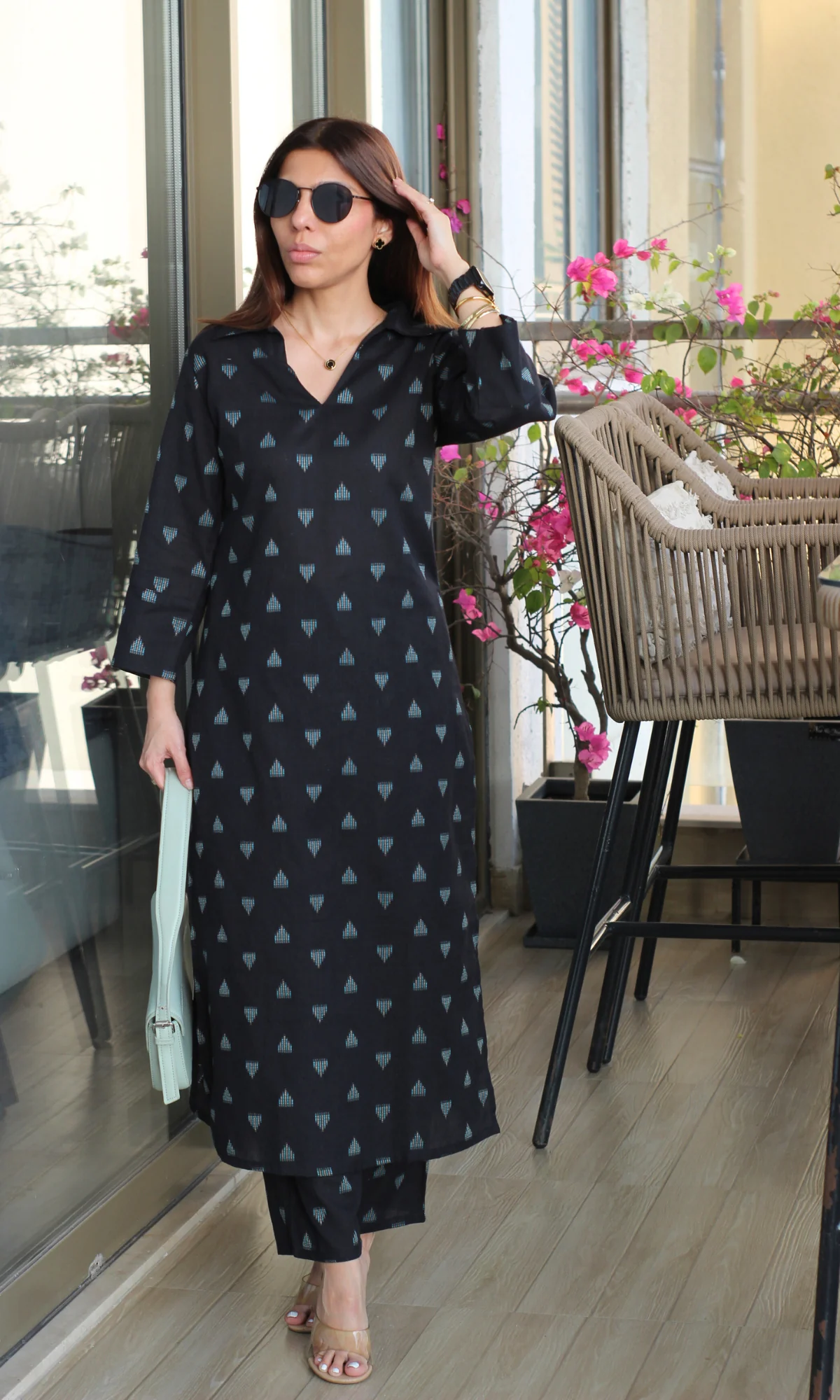 Cotton Ikat Black & Blue Triangle Collared Kurta & Pant - Image 3