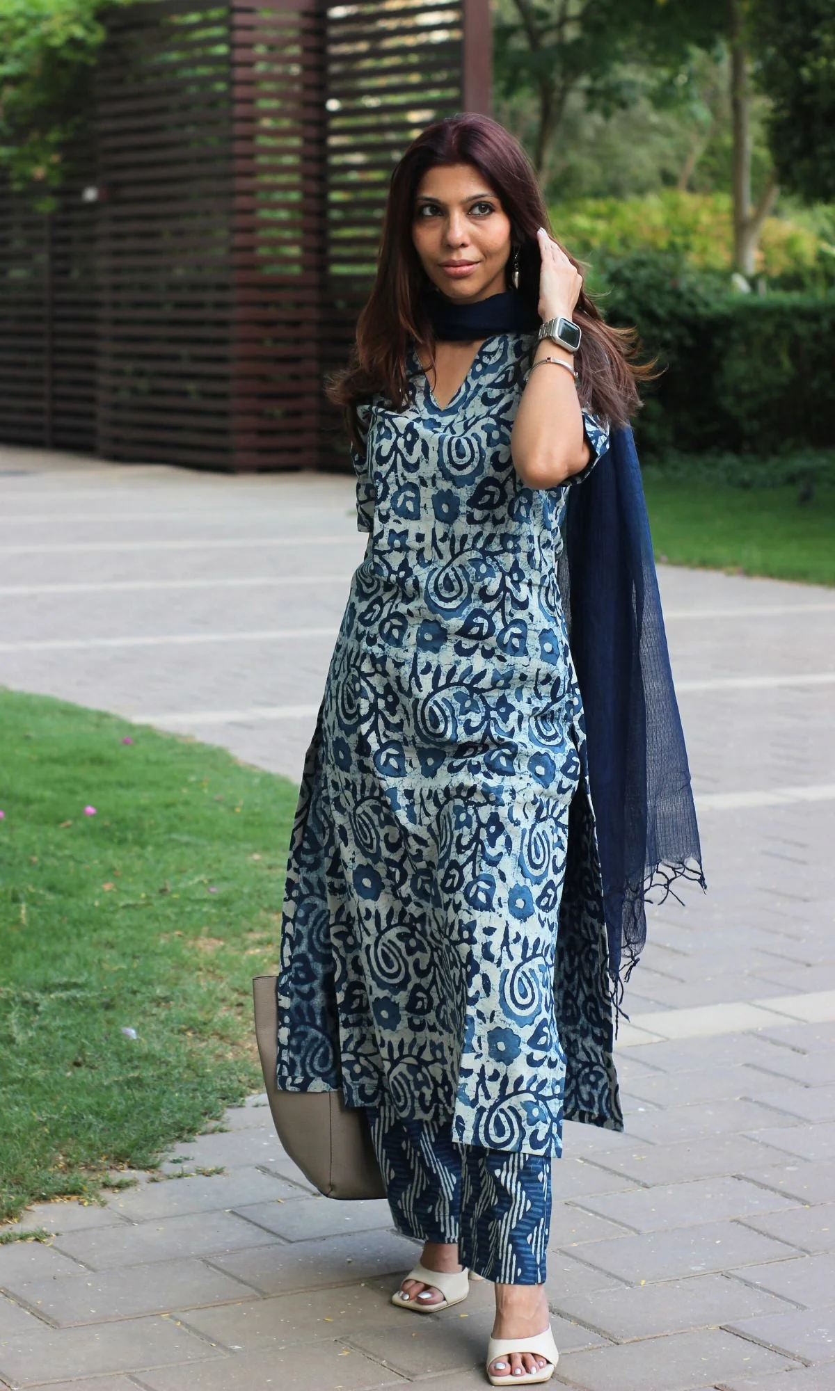 Cotton Indigo Dabu Handblock Short Sleeves Suit Set with Kota Doria Dupatta