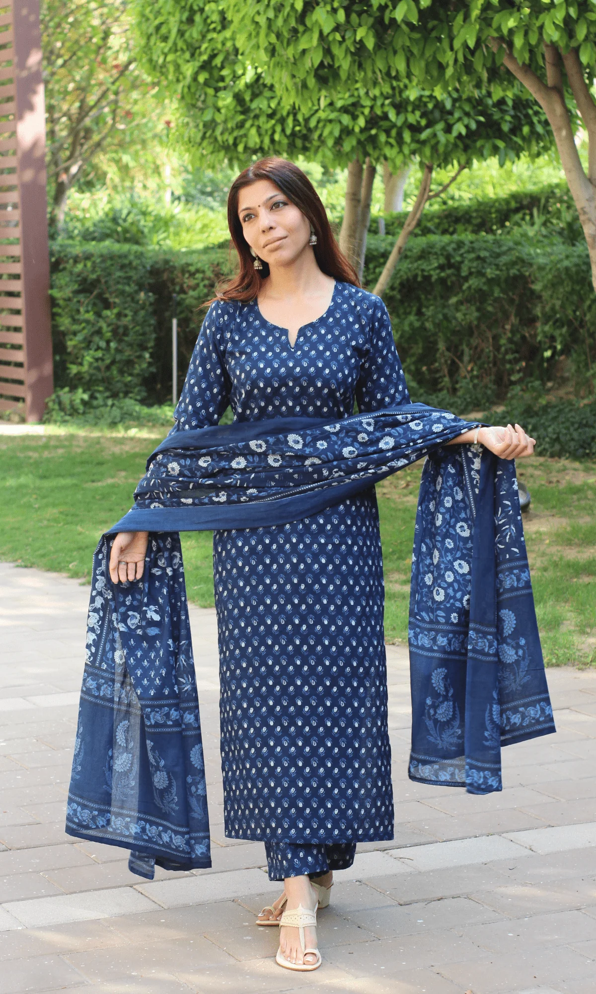 Cotton Indigo Small Print Suit with Cotton Printed Dupatta - Image 3