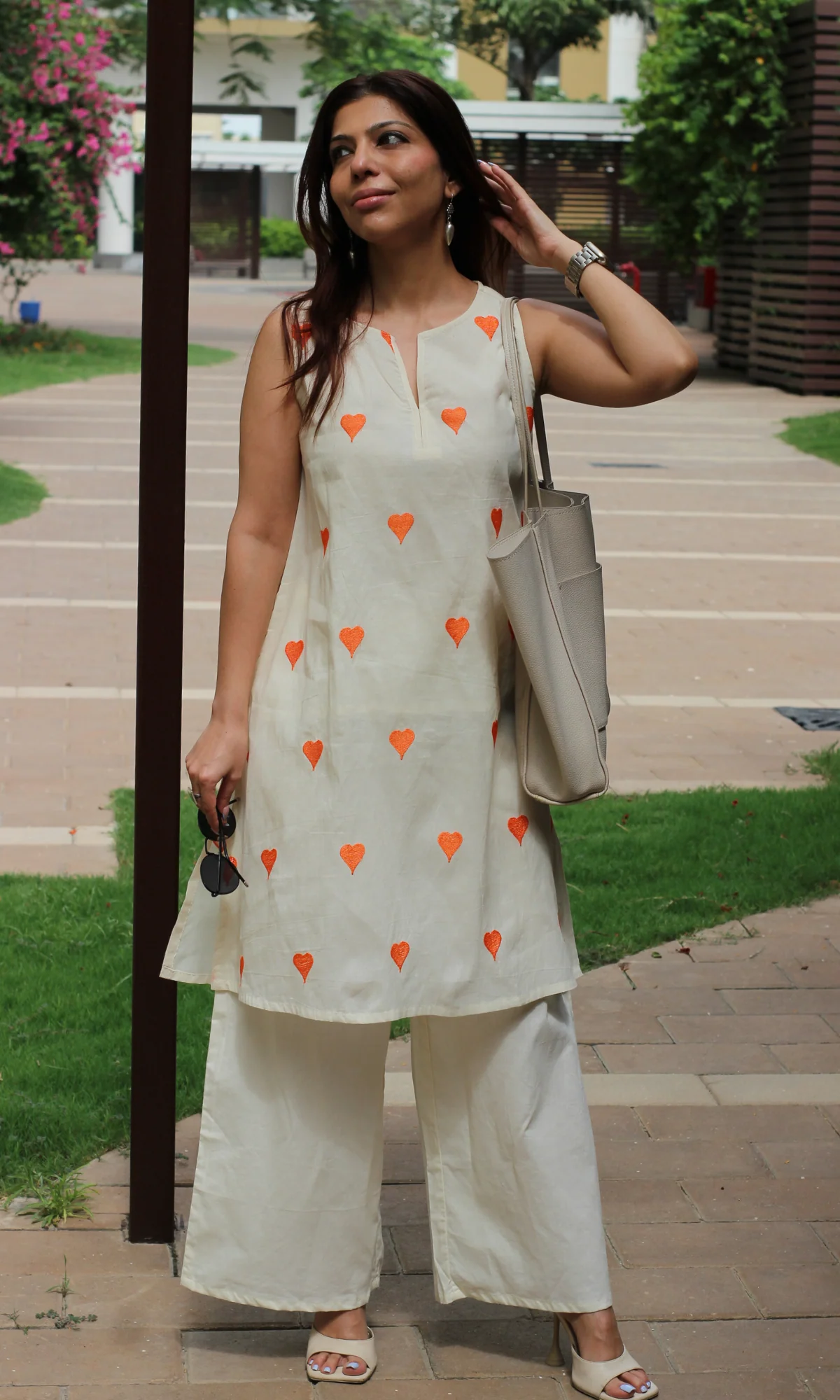 Cotton Ivory Tangerine Heart  Embroidered Co-ord - Image 4