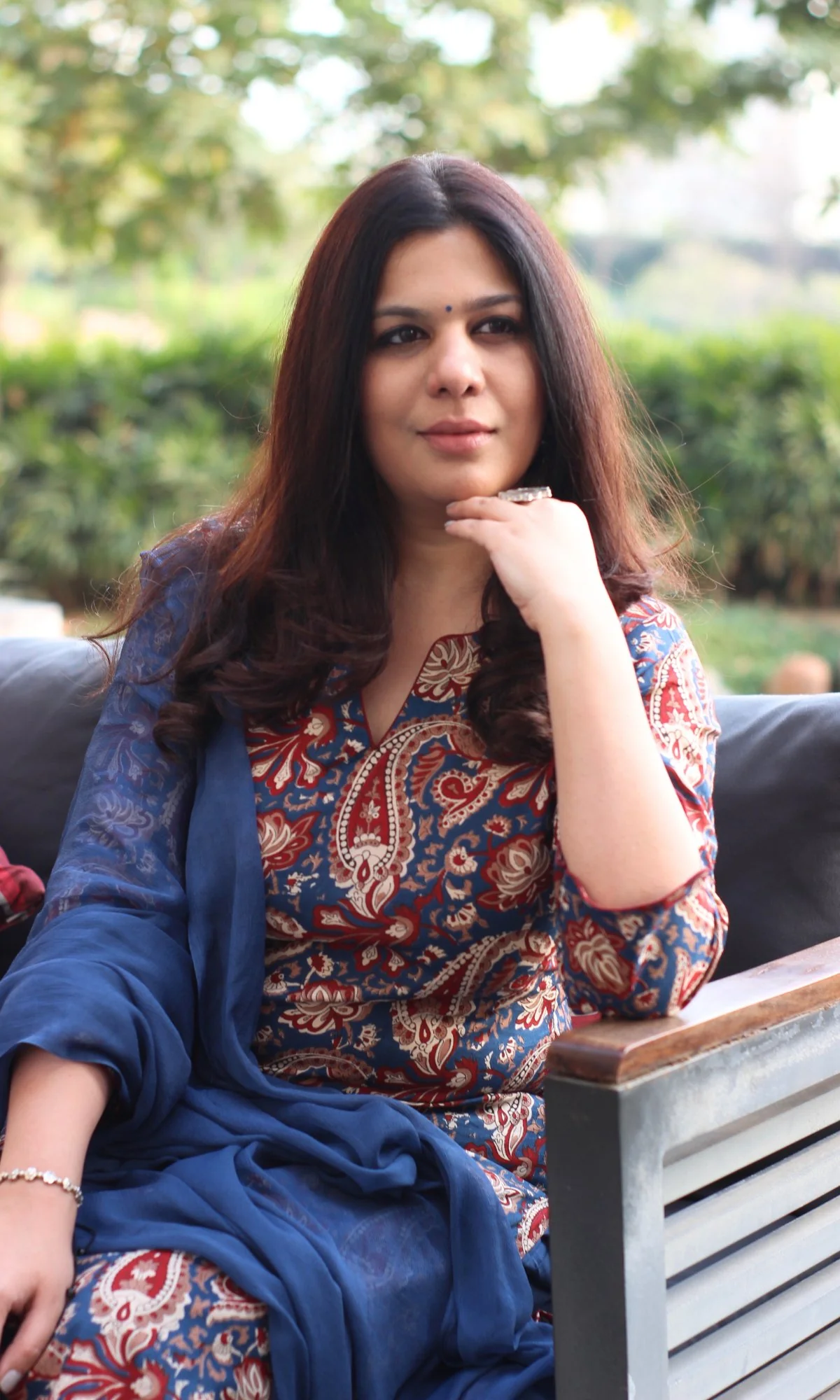 Cotton Kalamkari Print Royal Blue Suit Set with Chiffon Dupatta - Image 6