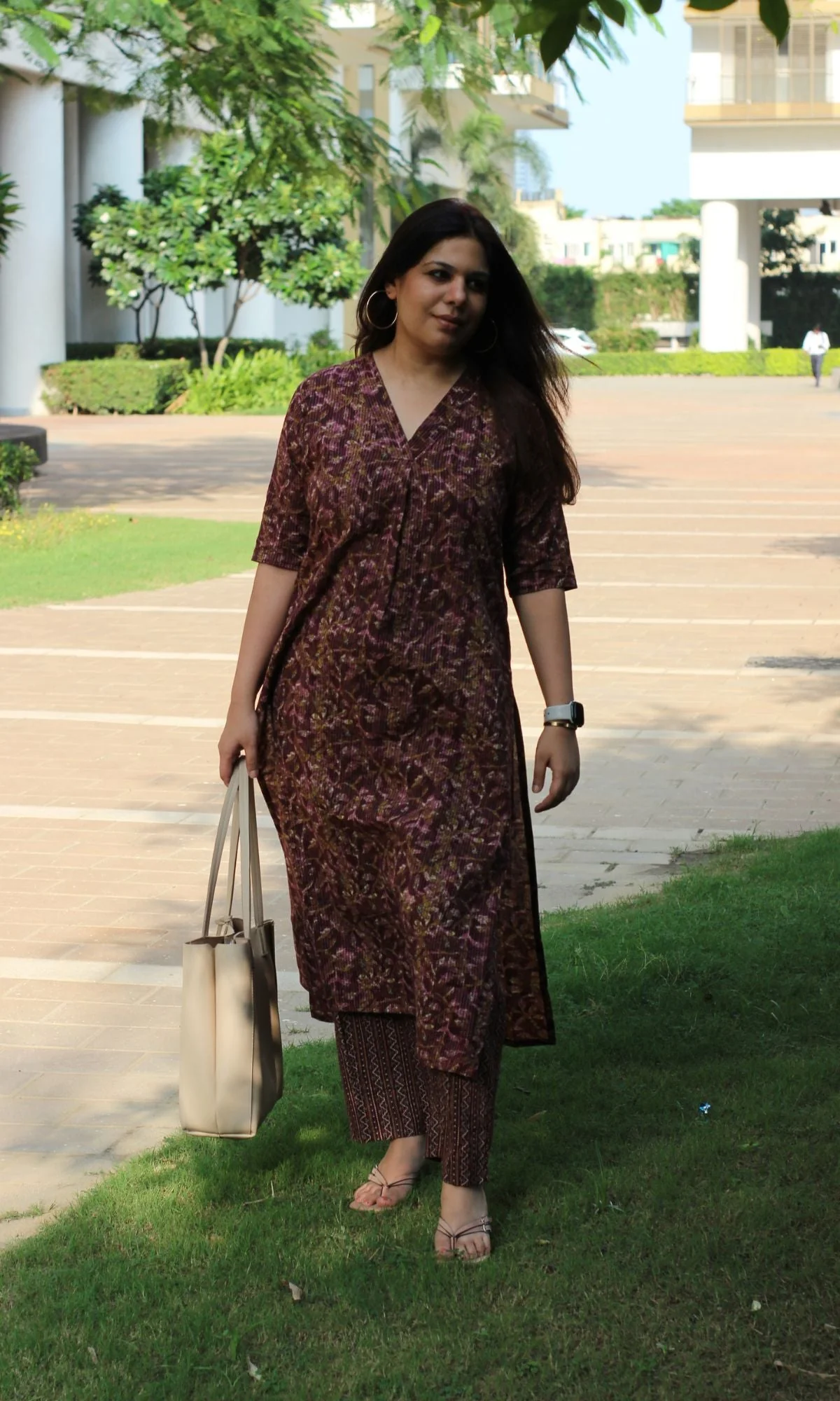 Cotton Kantha Berry Pink Pleated Kurta and Pants - Image 2