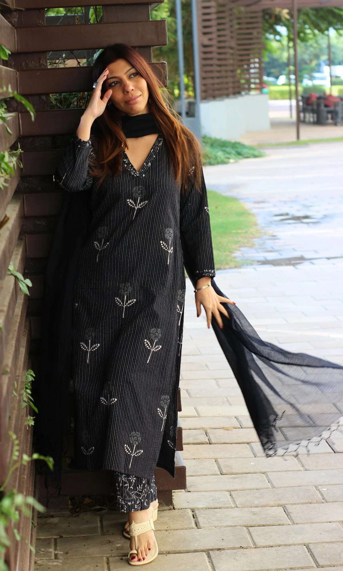 Cotton Kantha Handblock Kurta with Pants & Kota Doria Dupatta - Image 5
