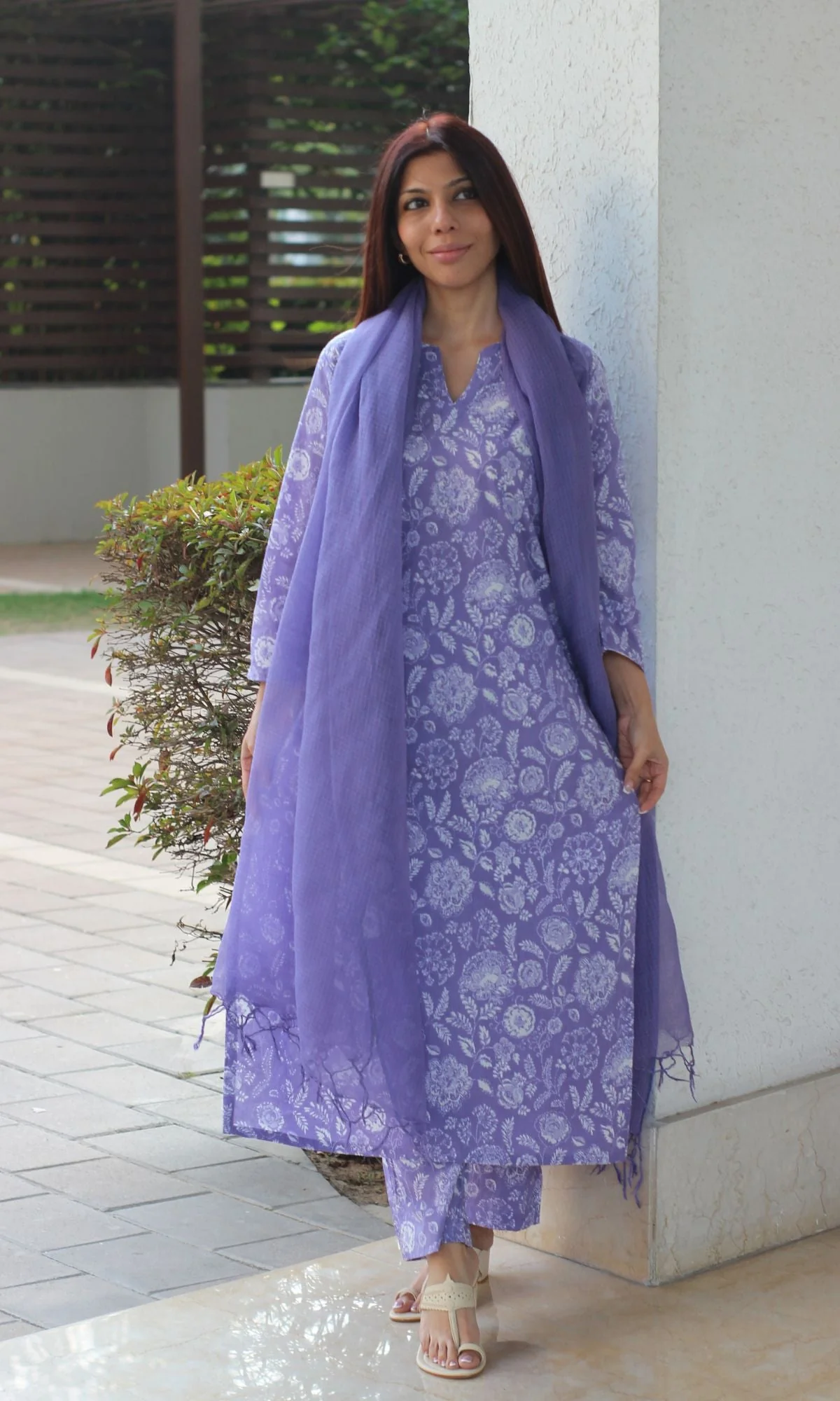Cotton Lavender Bloom Printed Suit with Kota Doria Dupatta - Image 5